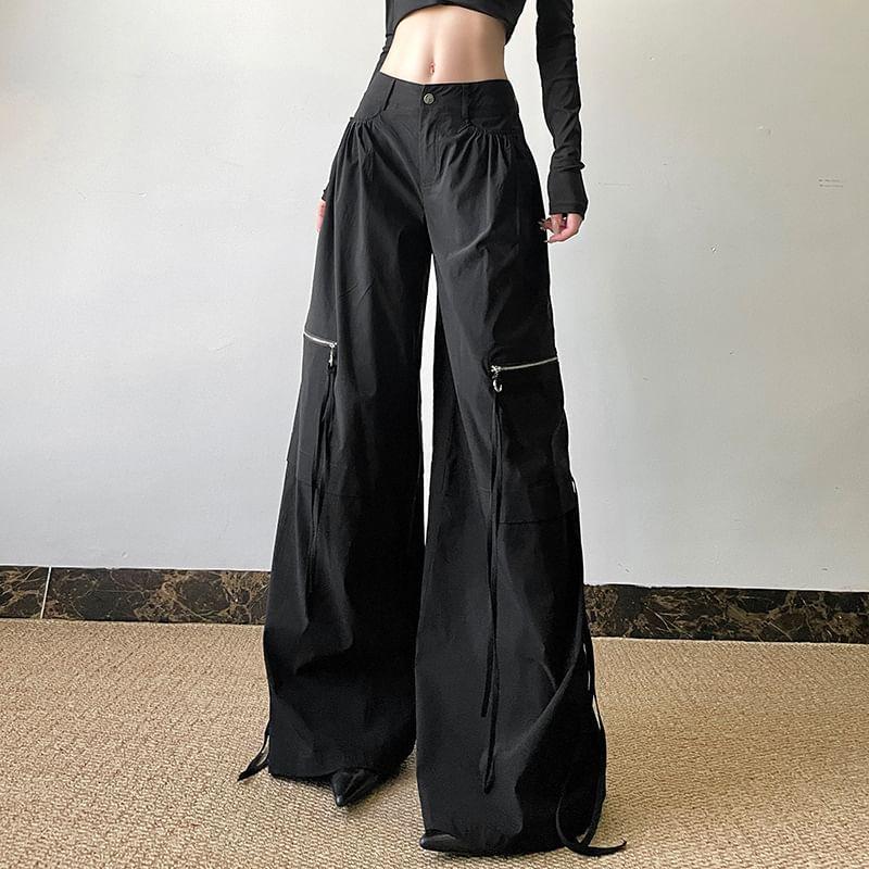 High Rise Plain Wide Leg Cargo Pants Product Image