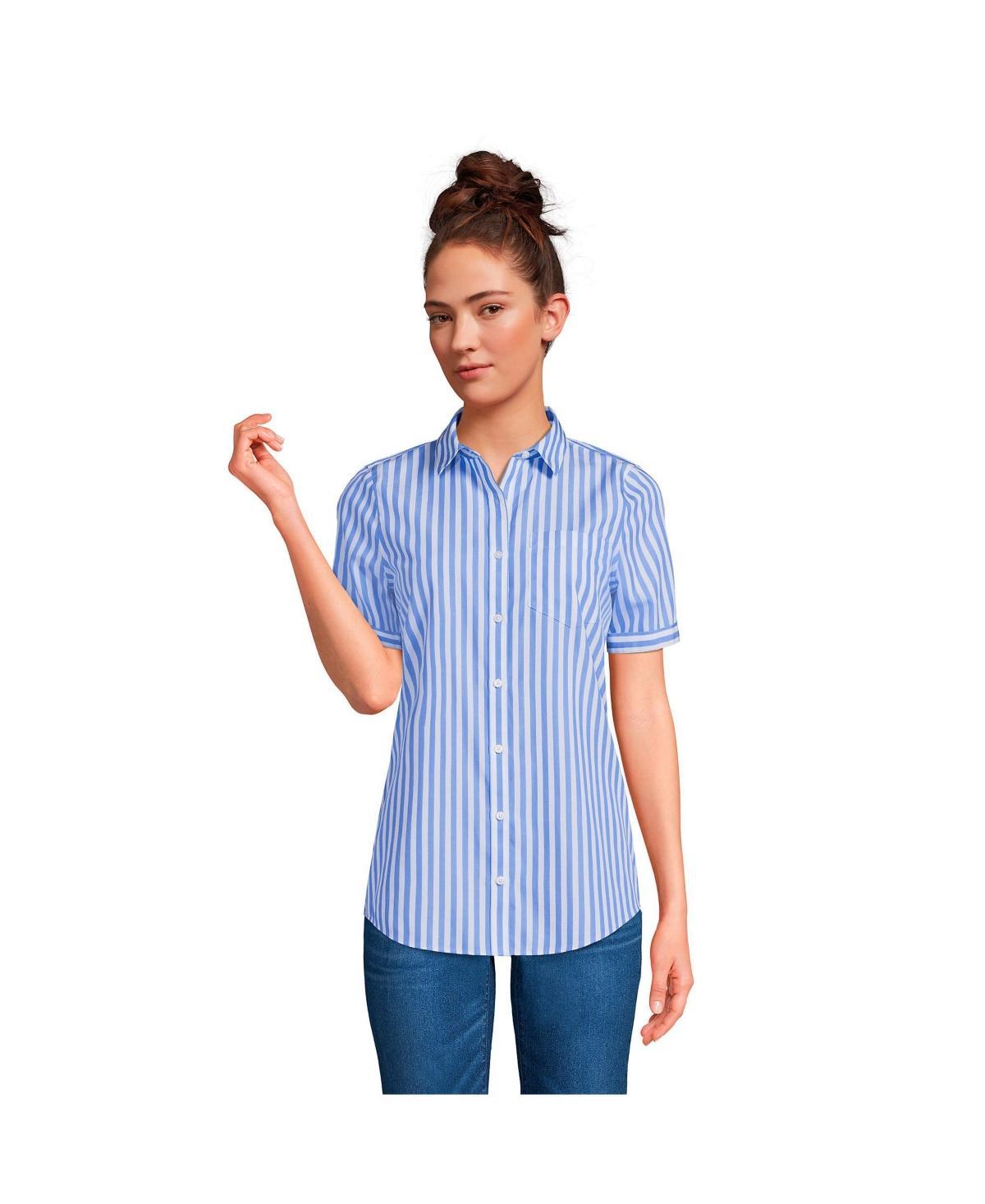 Women's Lands' End Wrinkle Free No Iron Short Sleeve Shirt, Size: Medium, Simply Pink Stripe Product Image