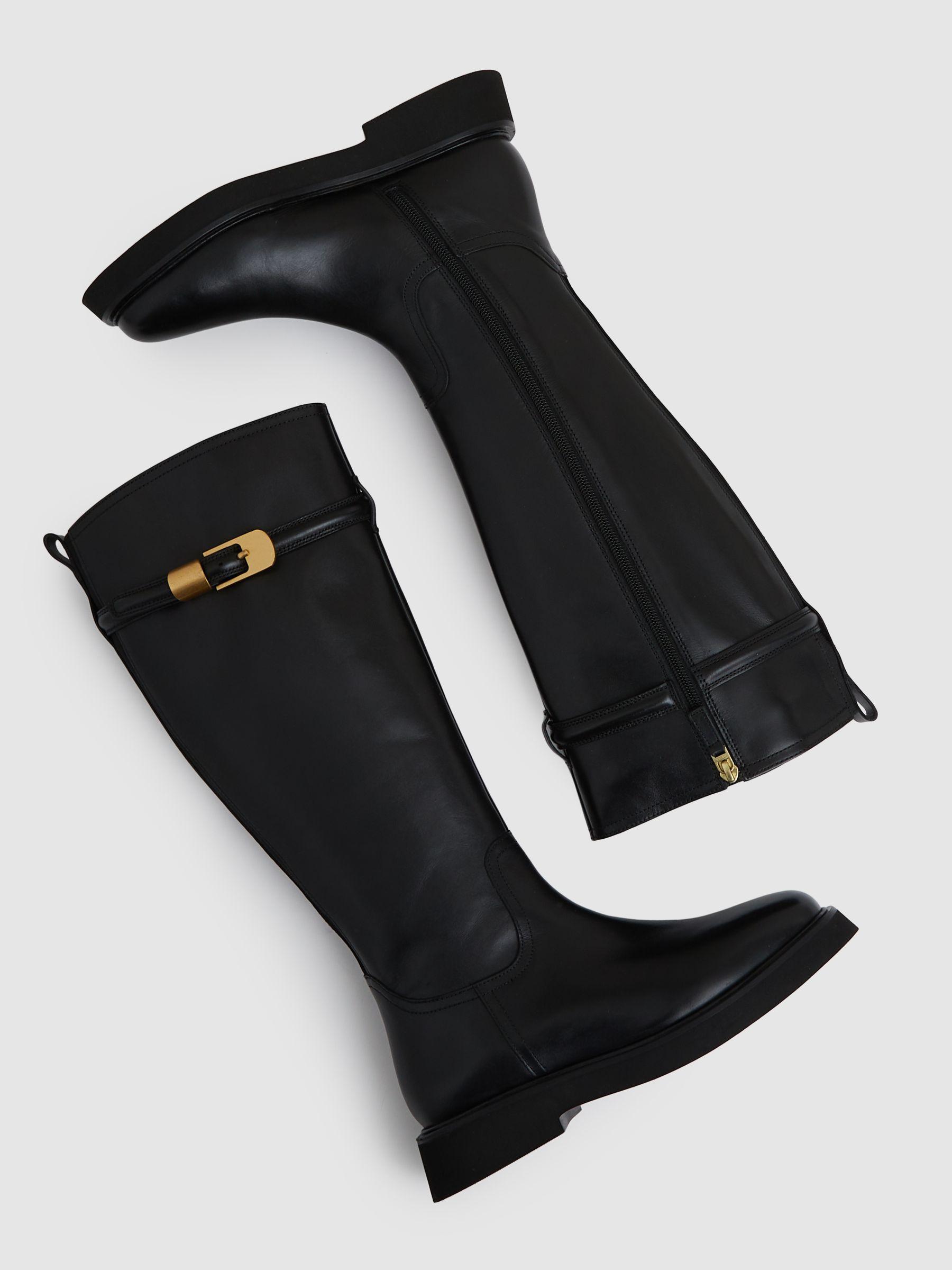 Leather Buckled Knee-High Boots in Black Product Image