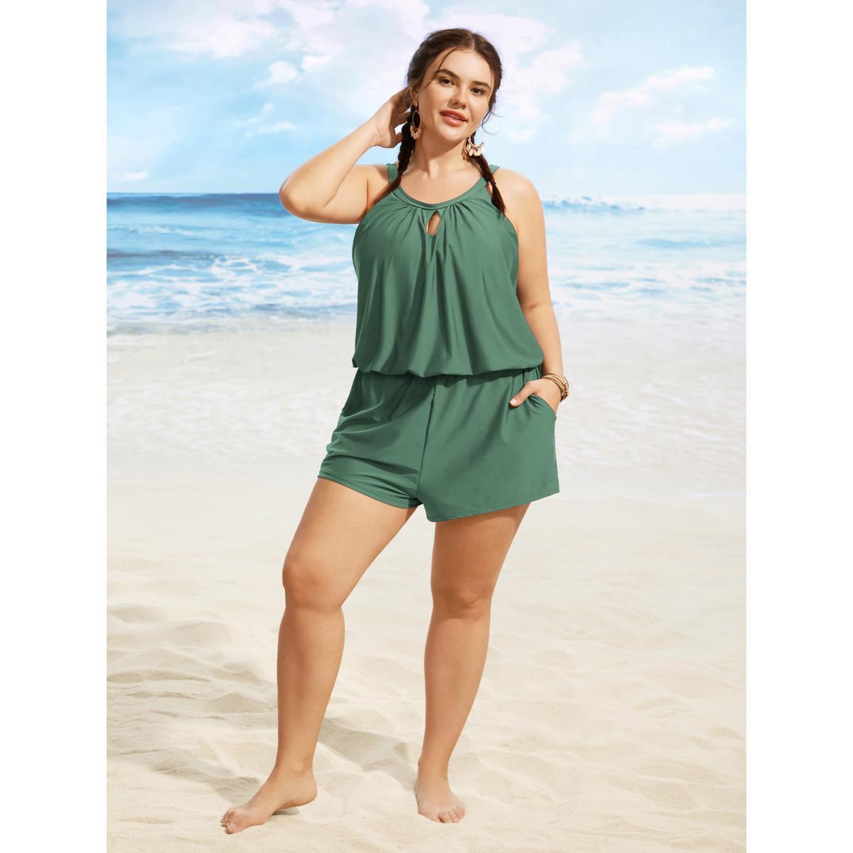 Plus Size Solid Keyhole Elastic Waist Gathered One Piece Swimsuit Women's Swimwear Palemauve Resort Gathered Curve Bathing Suits High stretch One Pieces BloomChic 22-24/3X Product Image