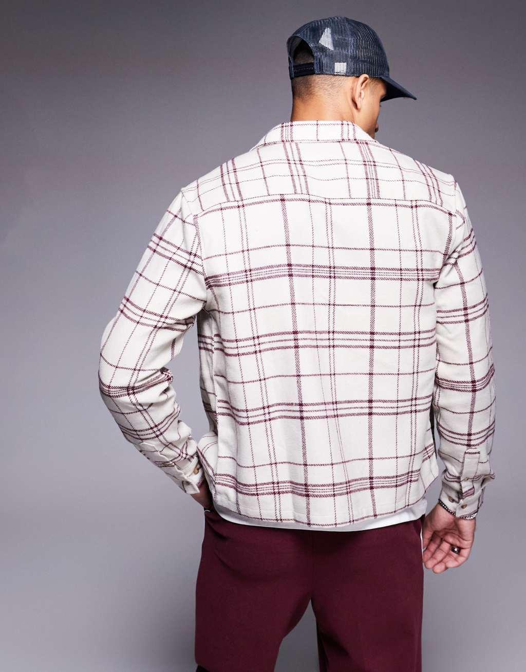 ASOS DESIGN boxy brushed flannel shirt in cream and red heavyweight check Product Image