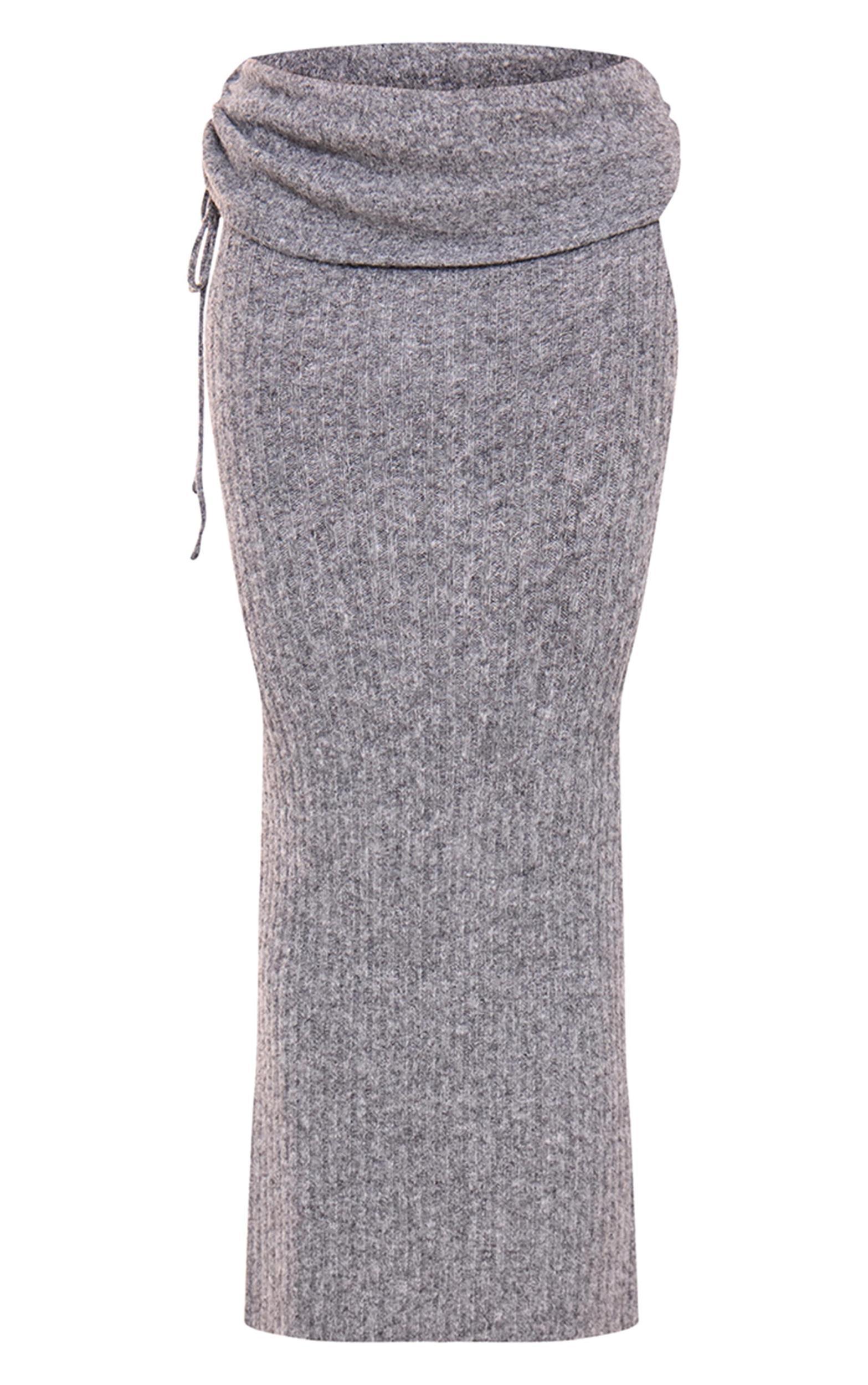 Charcoal Ribbed Knit Ruched Fold Over Maxi Skirt Product Image