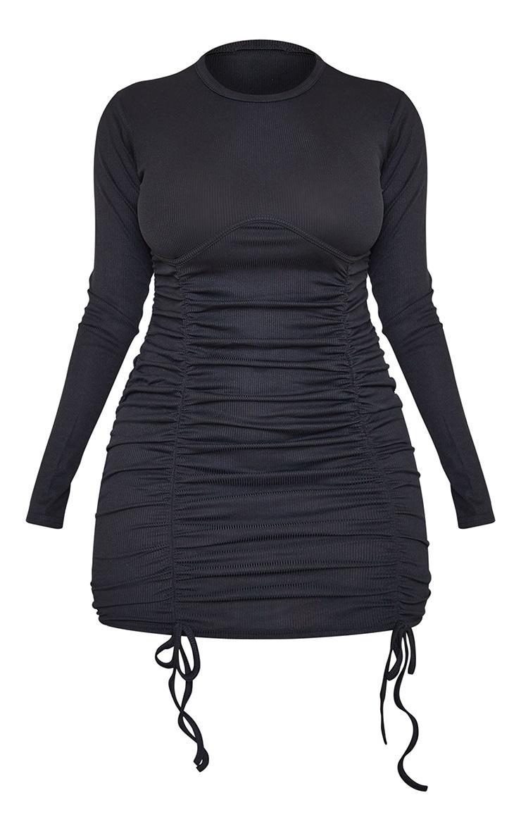  Shape Black Rib Underbust Long Sleeve Ruched Bodycon Dress Product Image