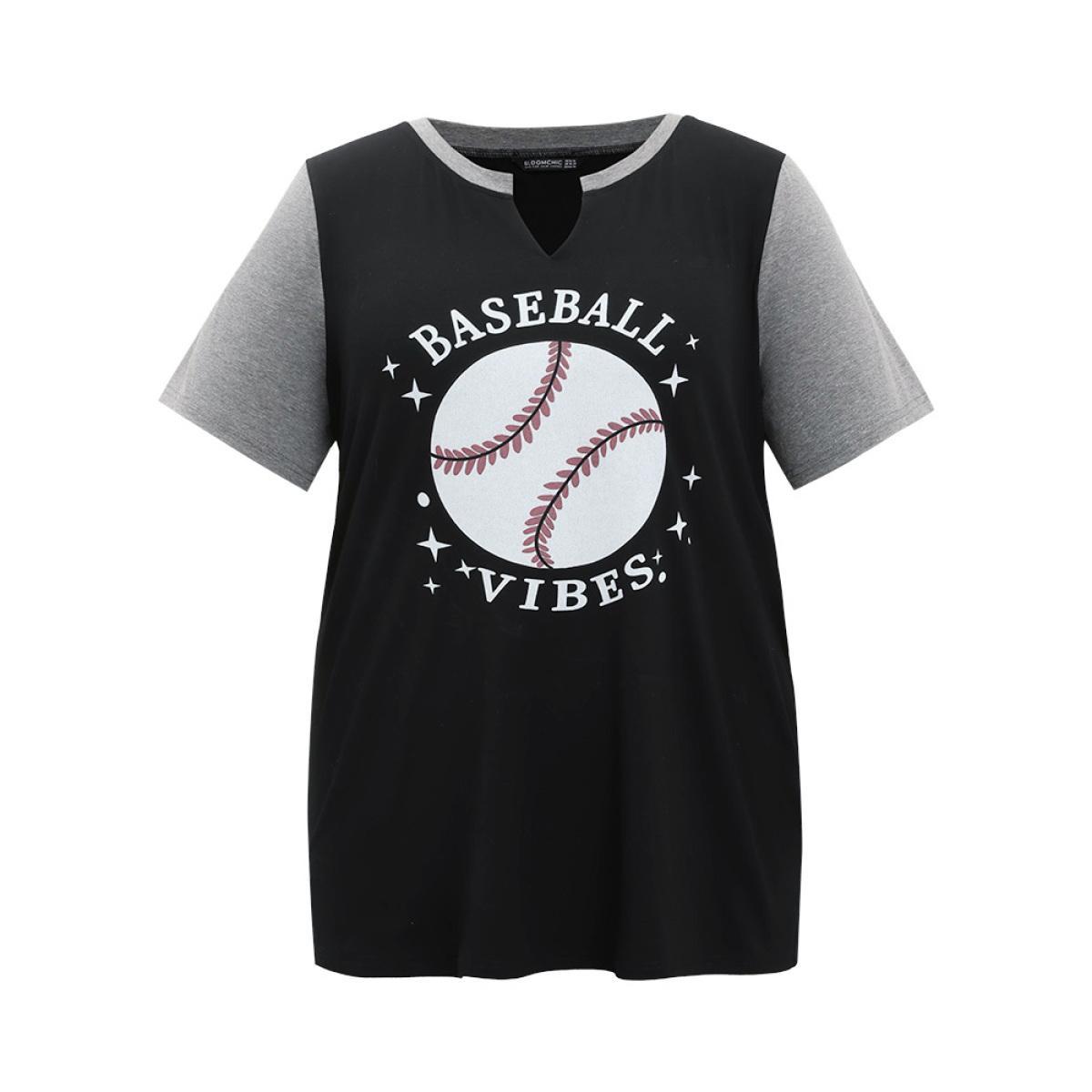 Plus Size Letter & Leaf Print Contrast Notched Neck T-shirt Black Women Casual Contrast Graphic Dailywear T-shirts BloomChic 22-24/3X Product Image