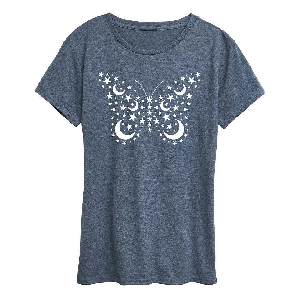 Women's Stars And Moons Butterfly Graphic Tee, Girl's, Size: XXL, Grey Blue Product Image