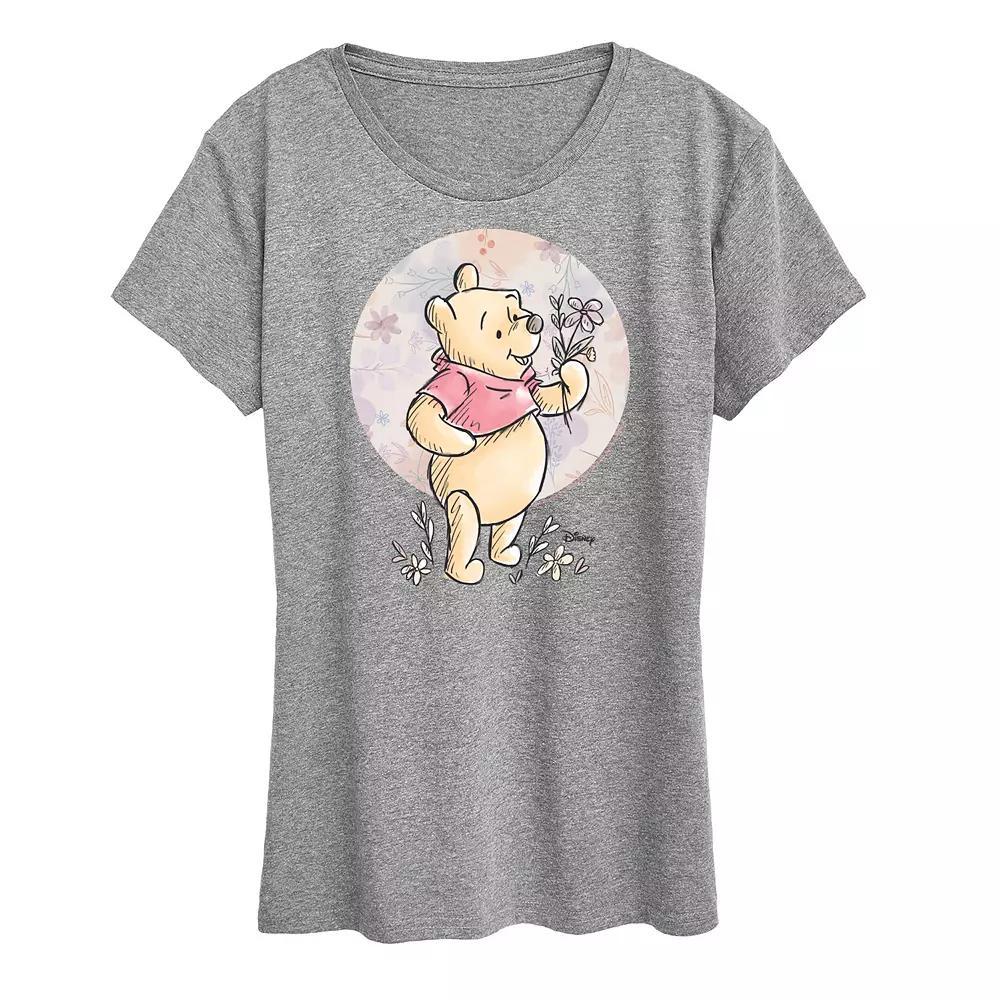 Disney's Minnie Mouse Women's Floral Circle Pooh Graphic Tee, Size: Large, Grey Gray Product Image