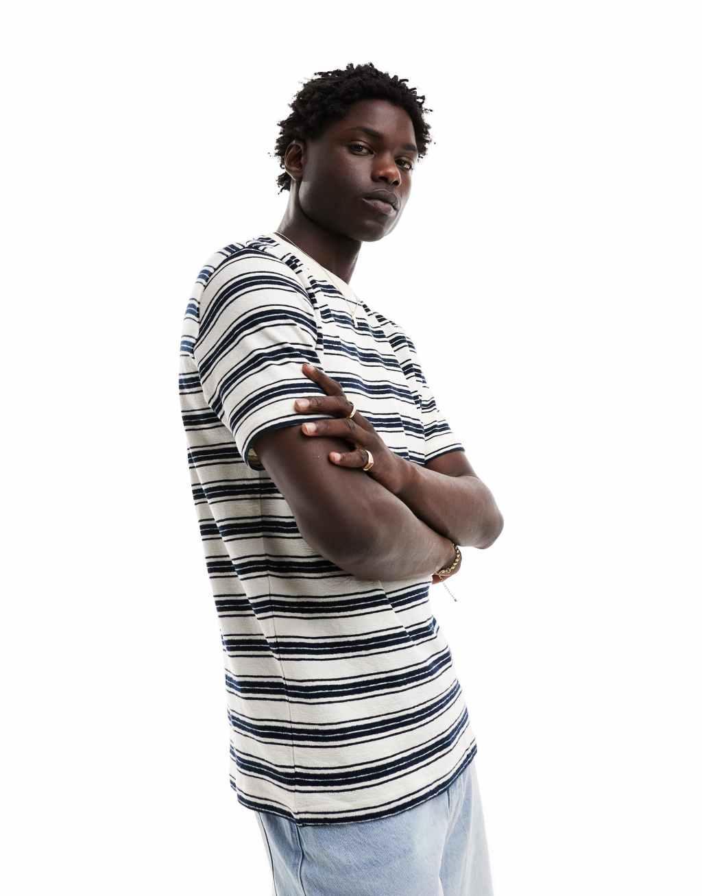 Selected Homme oversized textured T-shirt in navy and white stripe Product Image