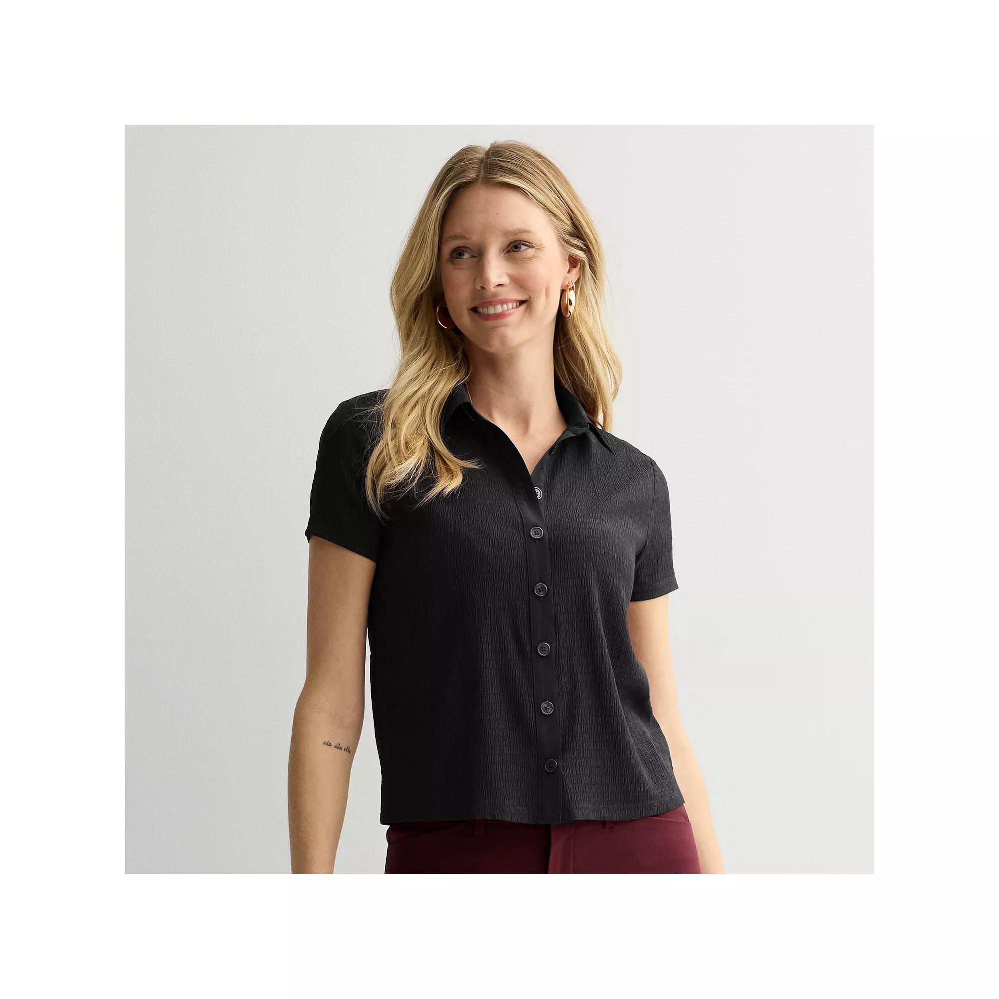 Women's Nine West Collared Textured Knit Top, Size: XS, Mineral Black Product Image