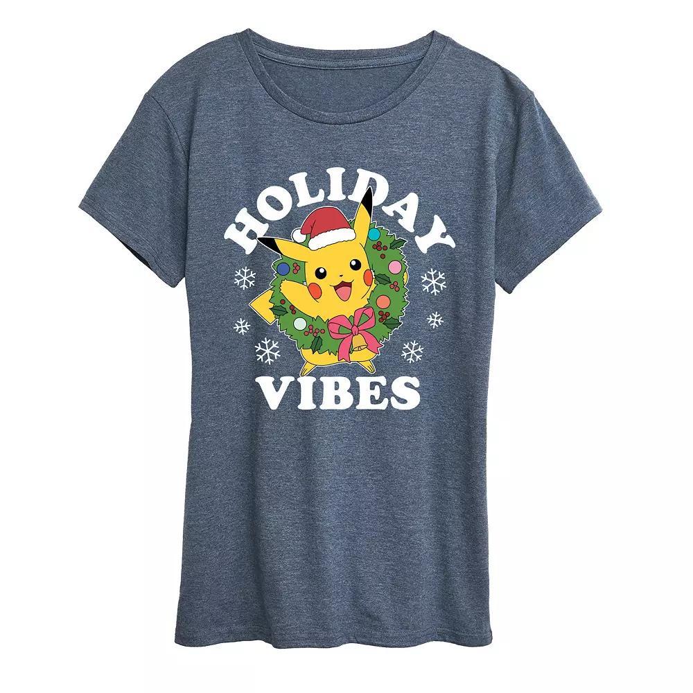 Women's Pokemon Pikachu Holiday Vibes Tee, Size: XXL, Grey Blue Product Image