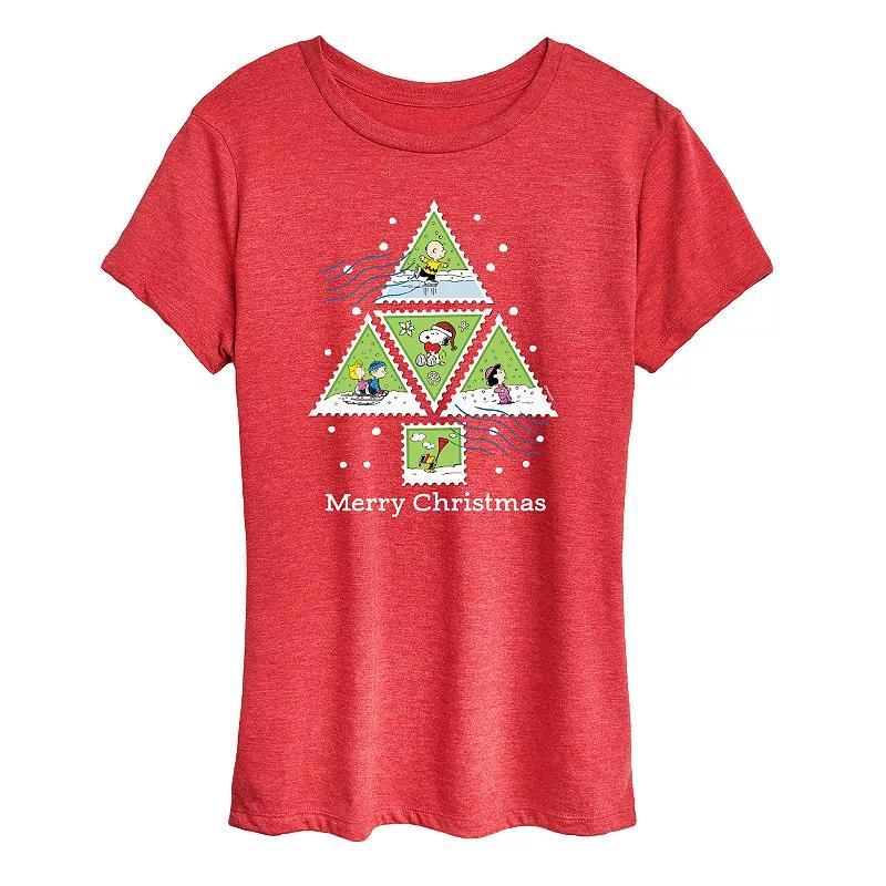 Women's Peanuts Christmas Tree Stamps Graphic Tee, Size: XL, Grey Red Product Image