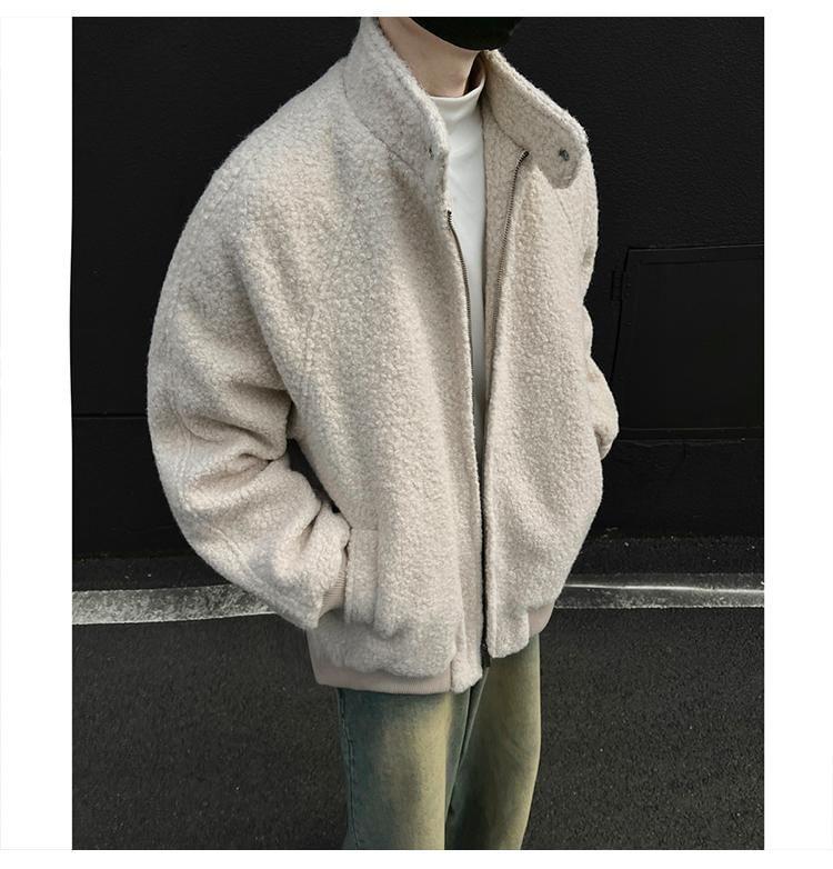 Stand Collar Plain Wool Zip Up Jacket Product Image