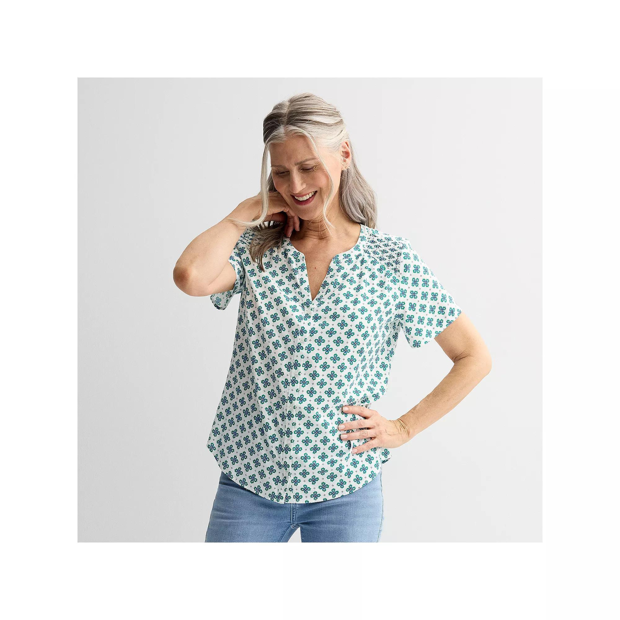 Women's Croft & Barrow® Short Sleeve Femme Blouse, Size: XXL, Green Everyday Tile Product Image