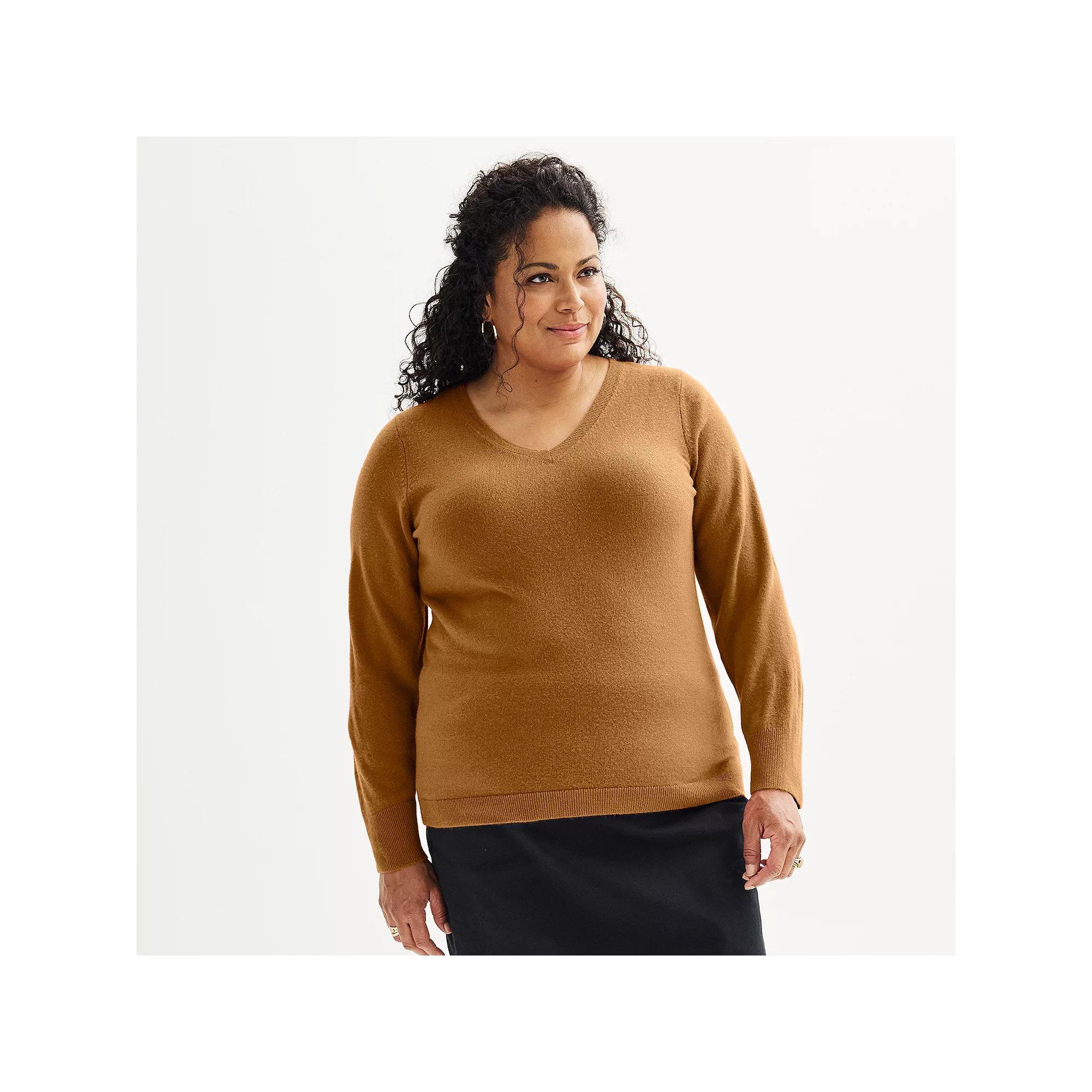 Plus Size Croft & Barrow Extra Soft V-Neck Sweater, Womens Camel Grey Product Image