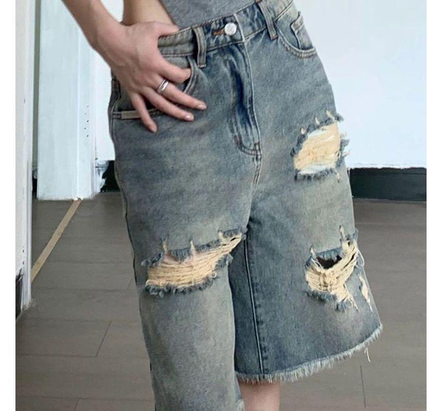 Mid Rise Distressed Washed Bermuda Denim Shorts Product Image