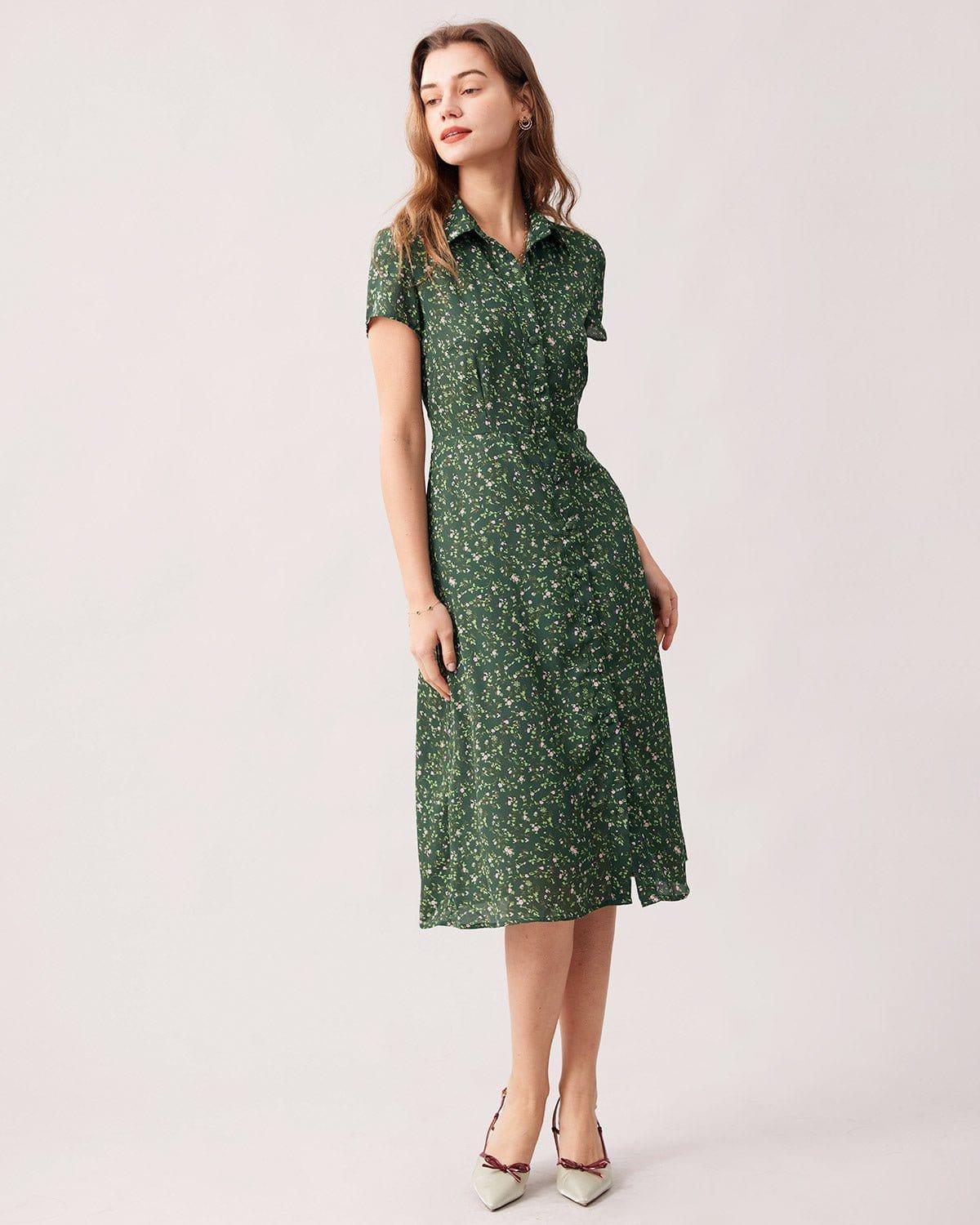 The Green Lapel Button Up Floral Midi Dress Female Product Image