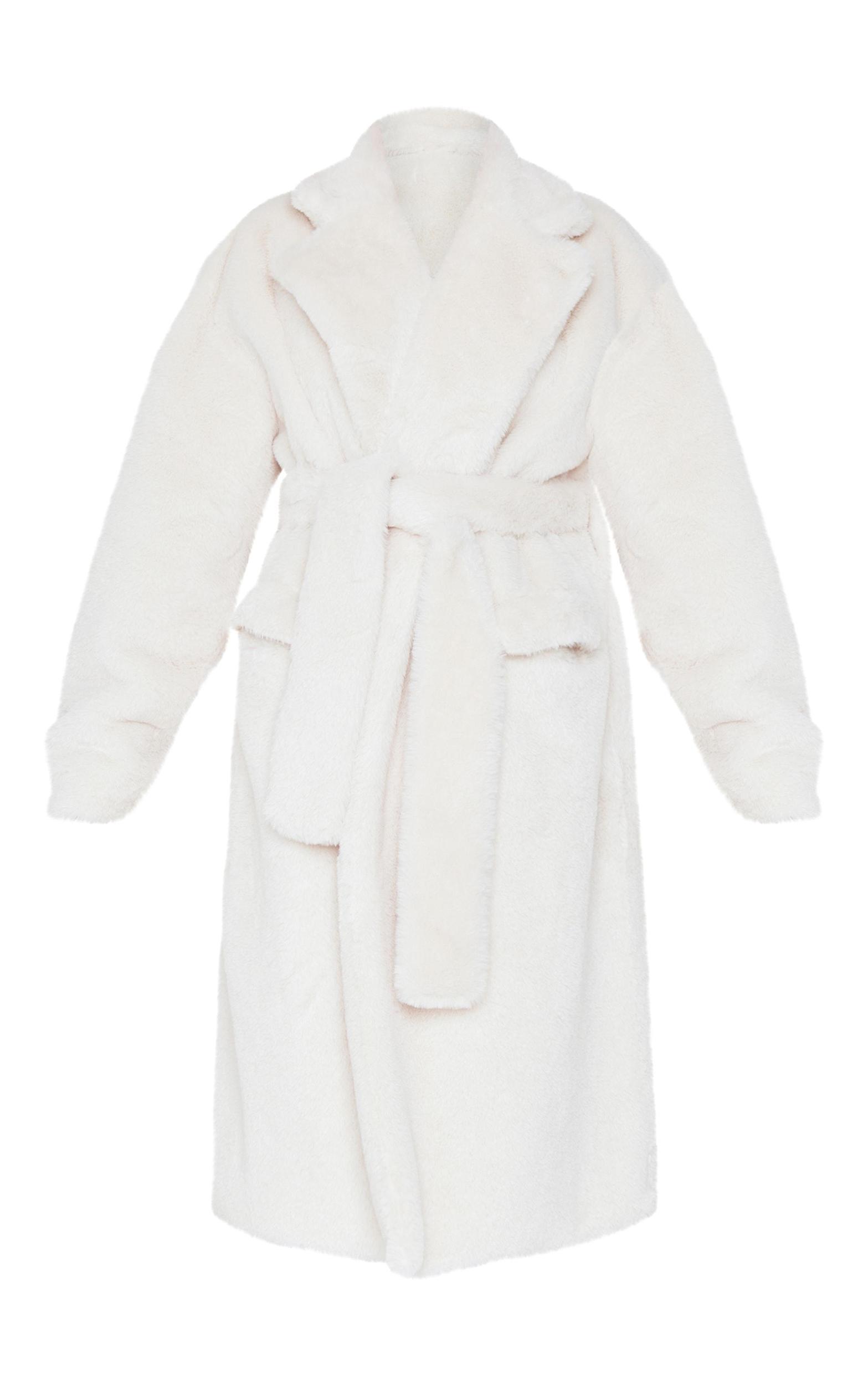 Cream Faux Fur Self Tie Oversized Coat Product Image
