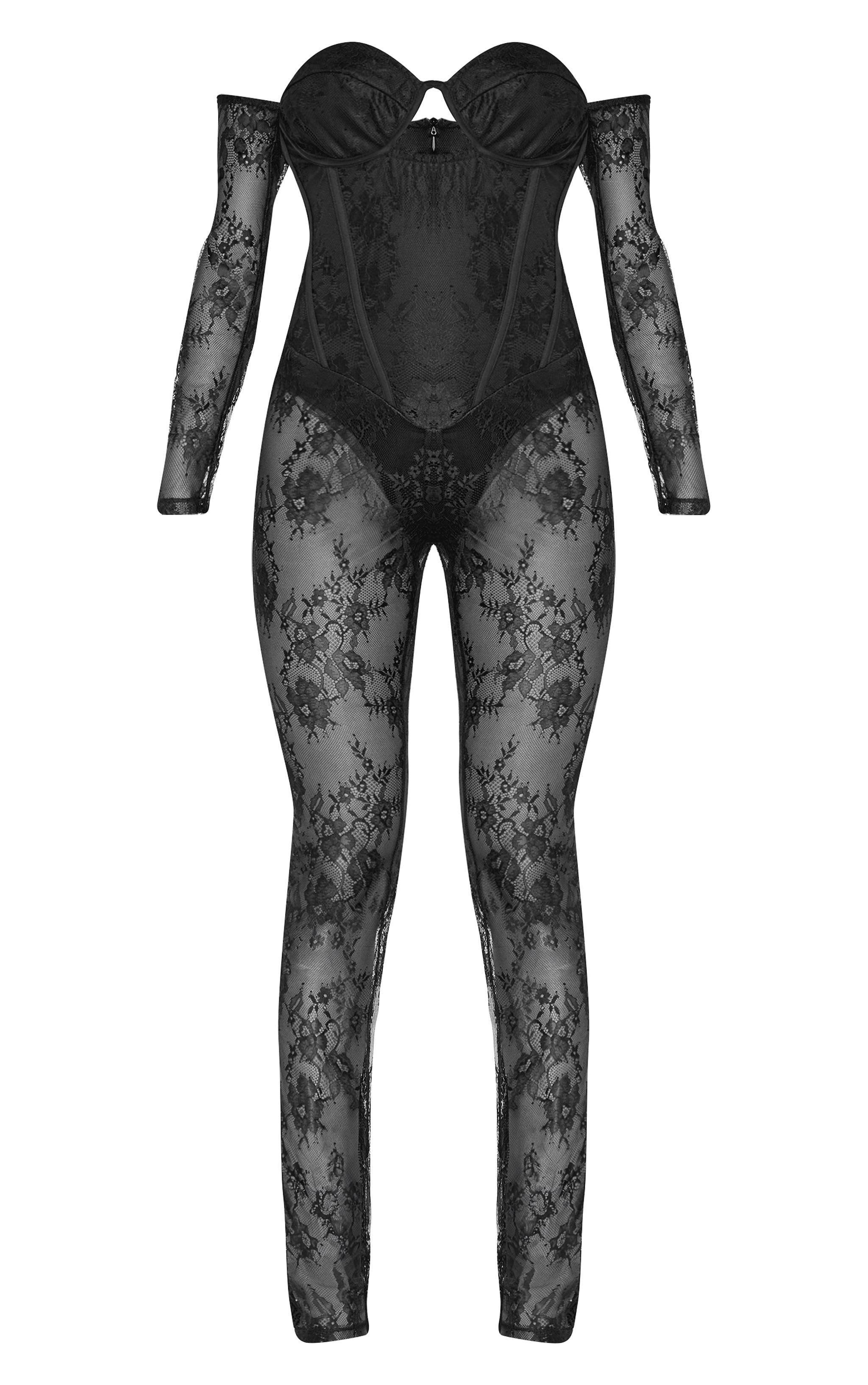 Black Lace Corset Detail Bardot Jumpsuit Product Image