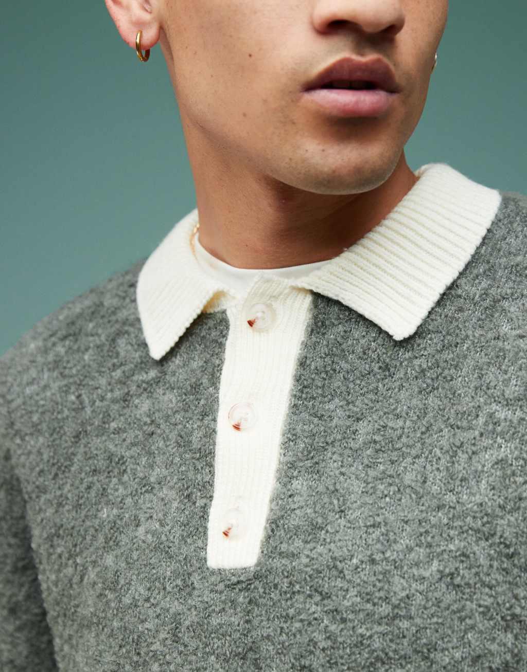 ASOS DESIGN knit relaxed rugby boucle polo in charcoal Product Image