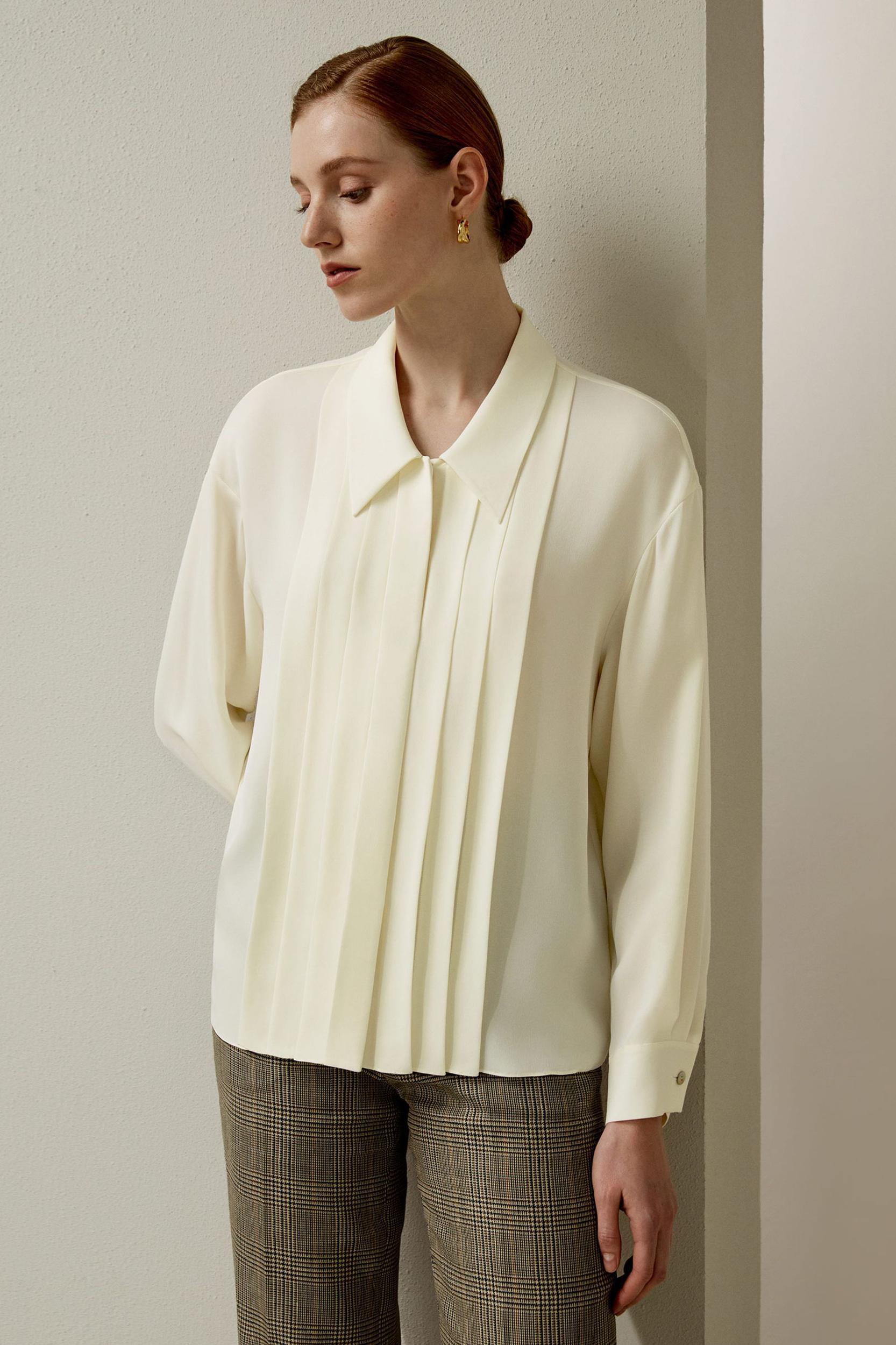 Pleated Point Collar Silk Blouse Product Image