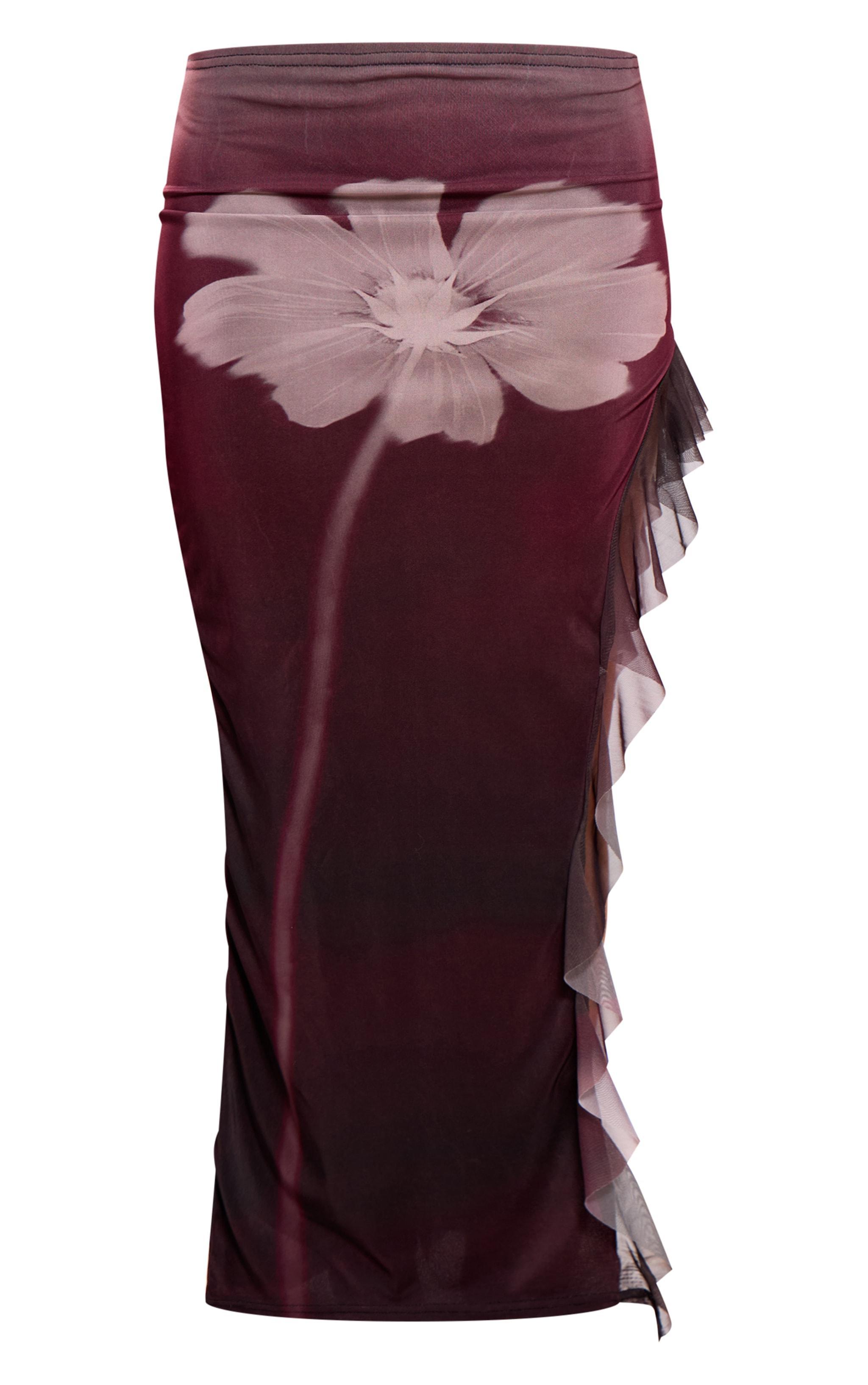 Plum Flower Ruffle Detail Mesh Skirt  Product Image