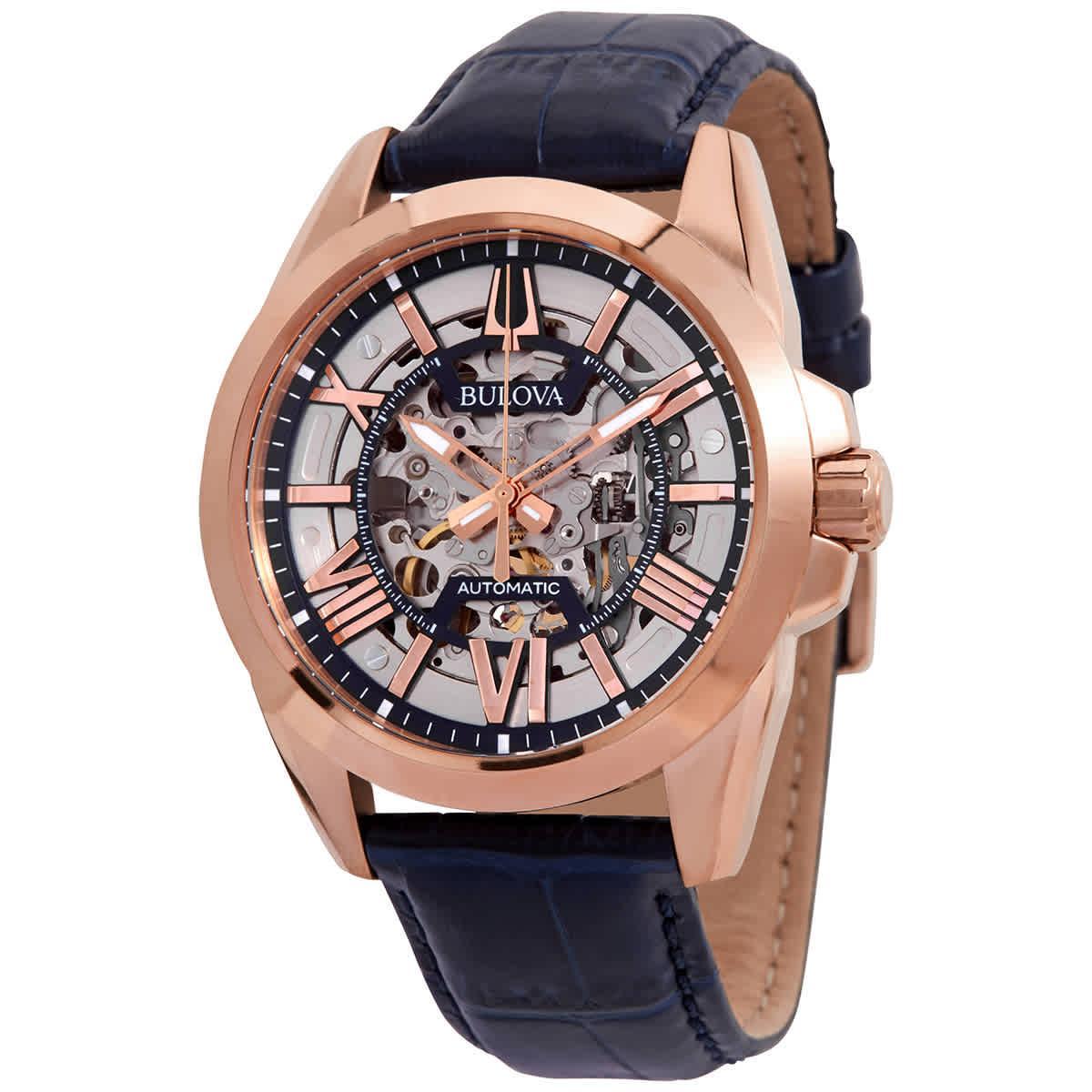 Mens Bulova Blue Leather Strap Automatic Skeleton Watch - 97A161 Product Image