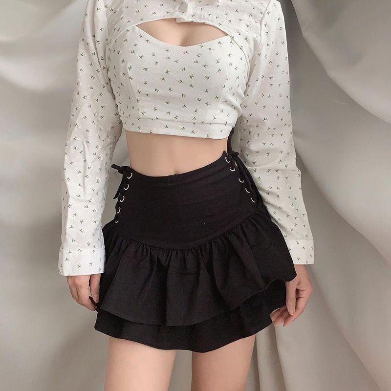 High-Waist Lace-Up Layered Mini A-Line Skirt Product Image