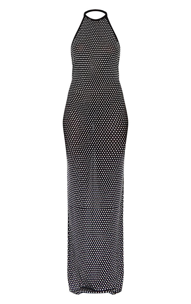 Black Embellished Mesh Backless High Neck Maxi Dress Product Image