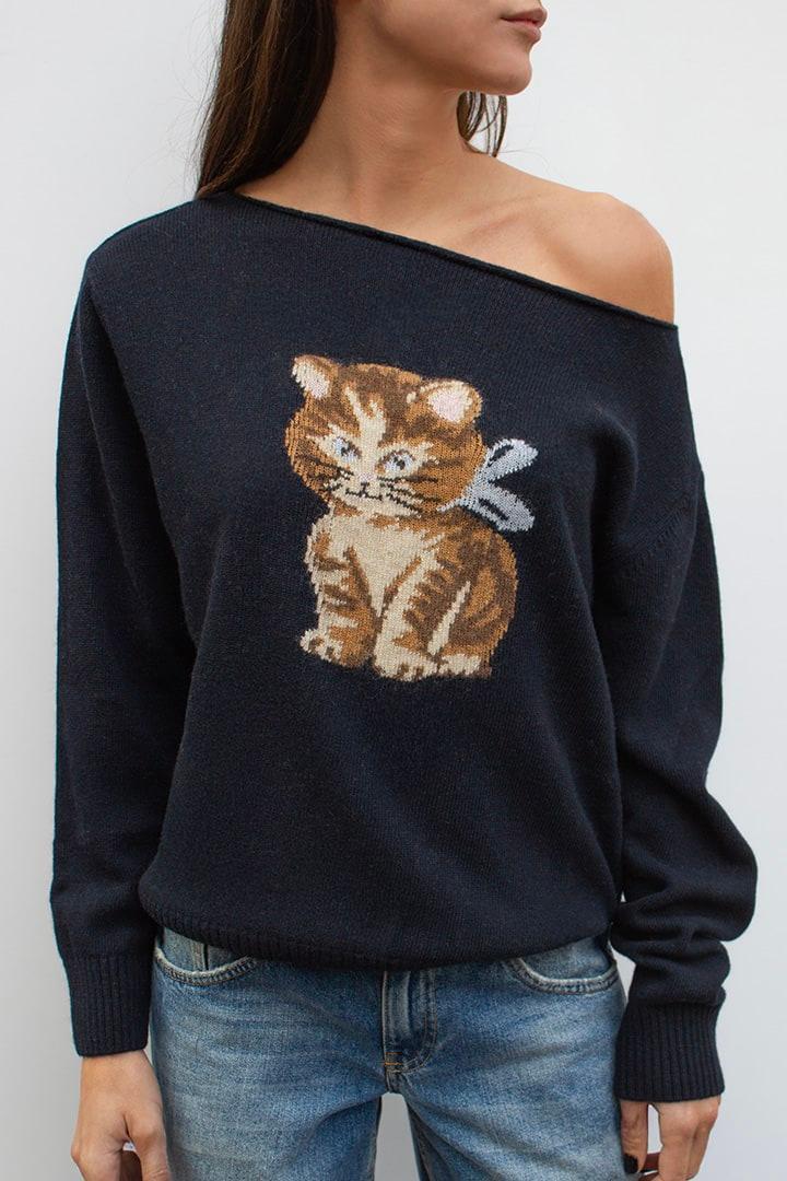 Boat neck sweater with cat Product Image