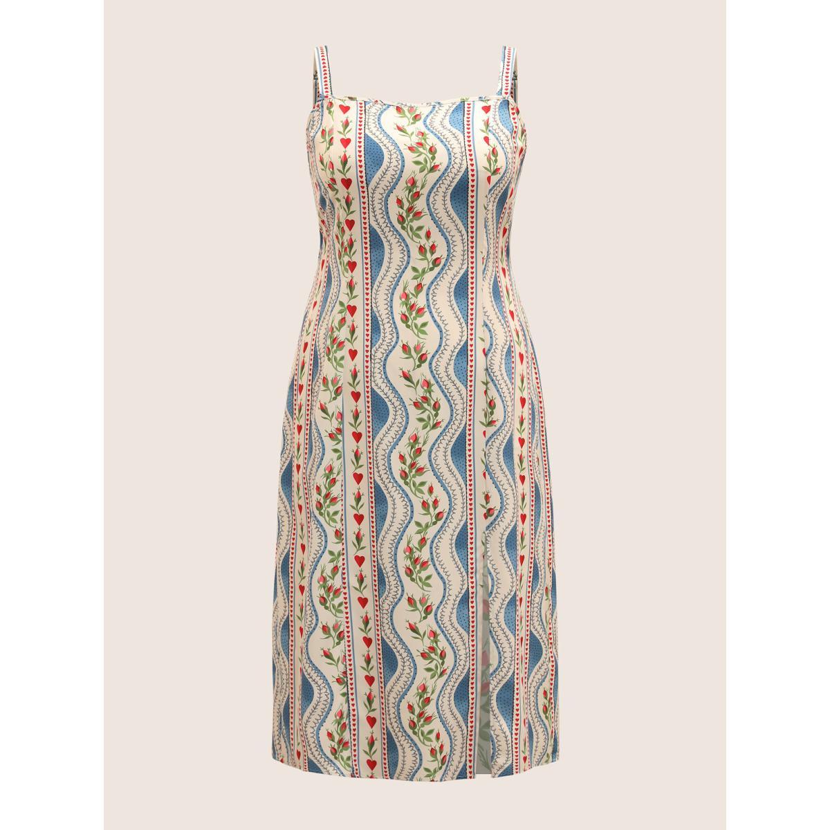 Plus Size Boho Print Split Front Cami Dress Skyblue Women Elegant Slit Non Sleeveless Curvy BloomChic 28/5X Product Image