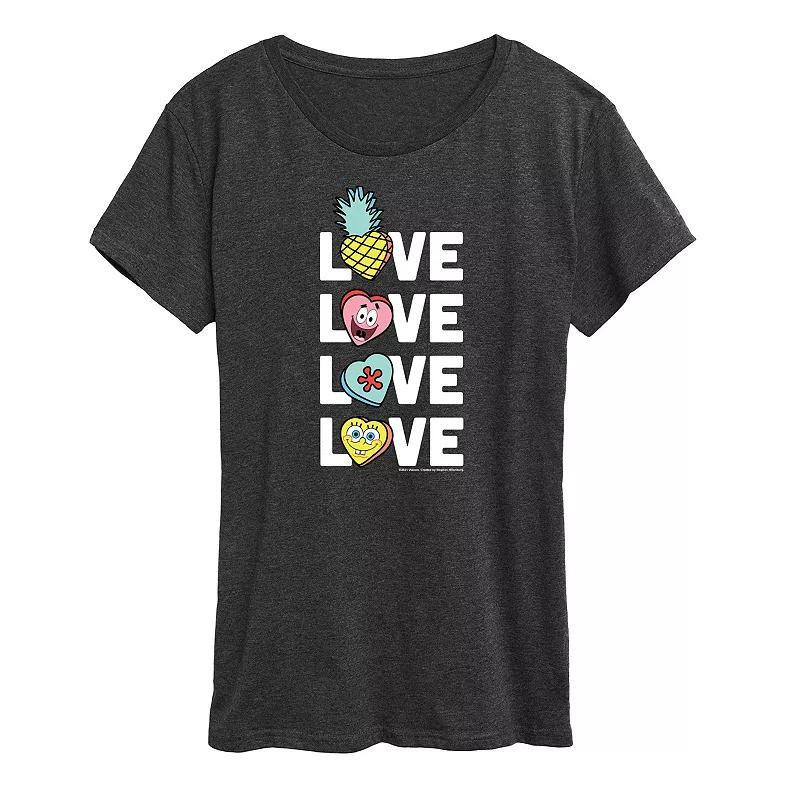 Women's Spongebob Squarepants Stacked Love With Hearts Graphic Tee, Size: XL, Heather Grey Product Image