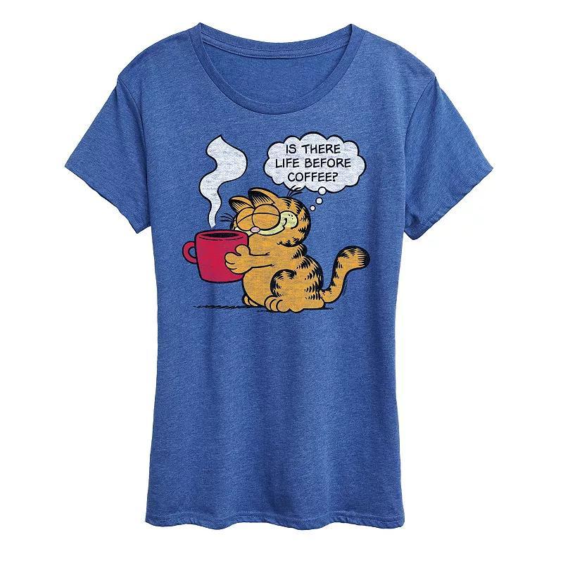 Womens Garfield Life Before Coffee Graphic Tee, Girls Grey Royal Blue Product Image