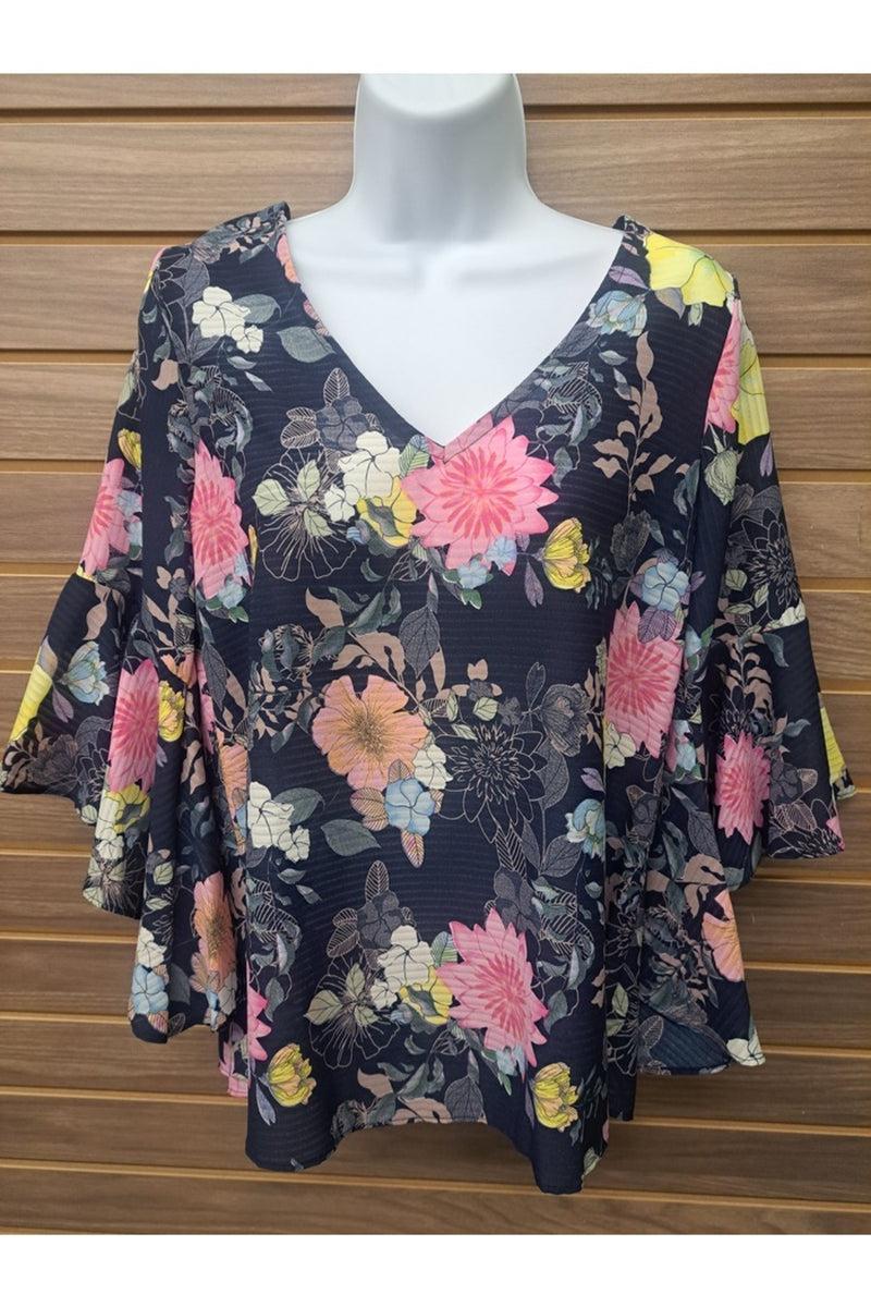 Blue floral bell sleeve back tie top Product Image