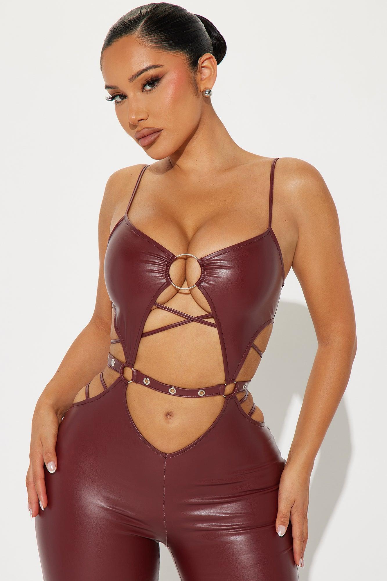 Take Over Faux Leather Jumpsuit - Burgundy Product Image