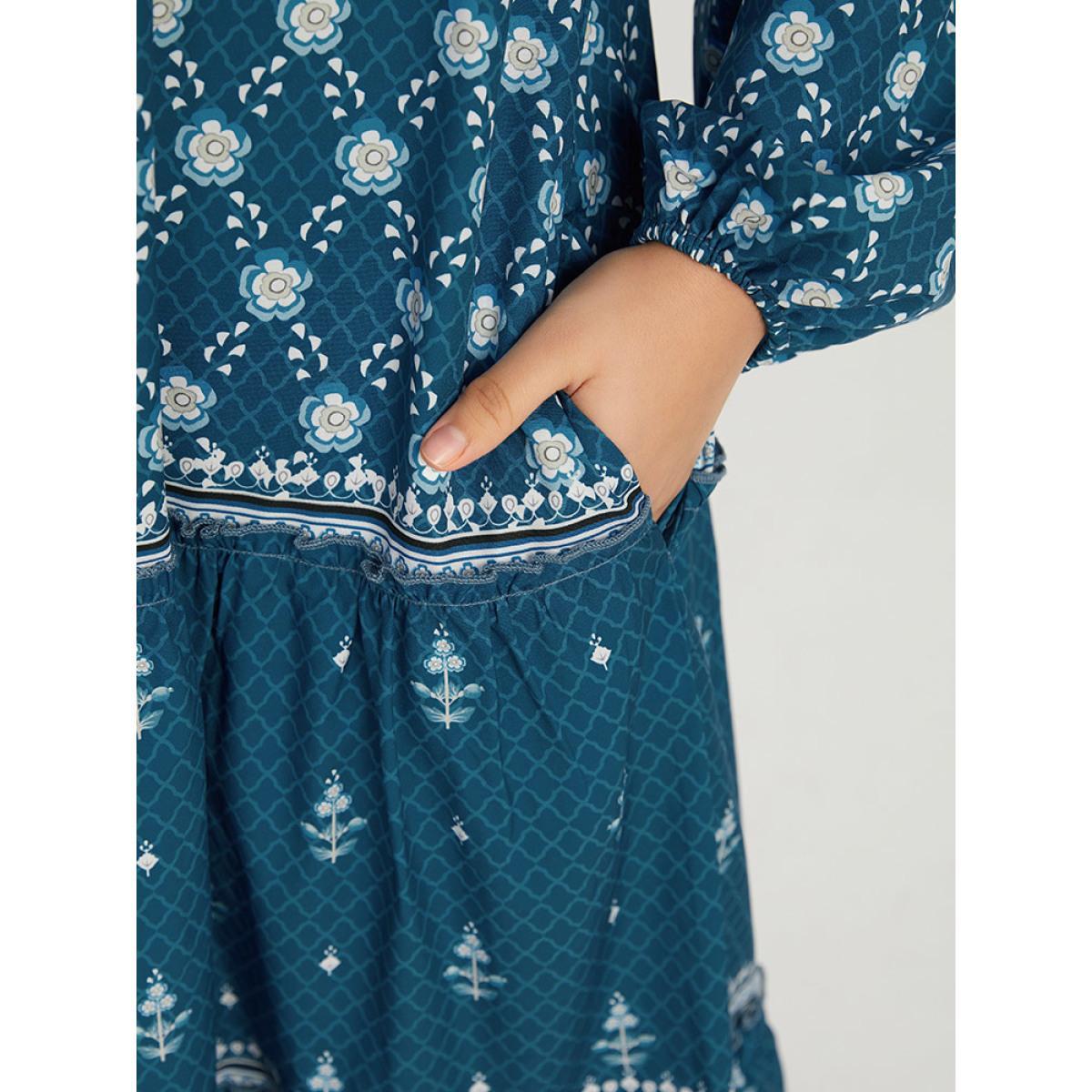 Plus Size Bandana Print Knot Neck Lantern Sleeve Dress Aegean Women Vacation Elastic cuffs Tie Neck Long Sleeve Curvy Midi Dress BloomChic 14-16/1X Product Image