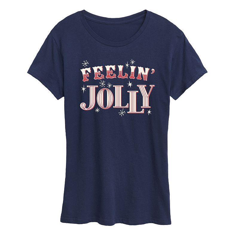 Women's "Feelin' Jolly" Candy Cane Holiday Graphic Tee, Girl's, Size: Large, Blue Product Image