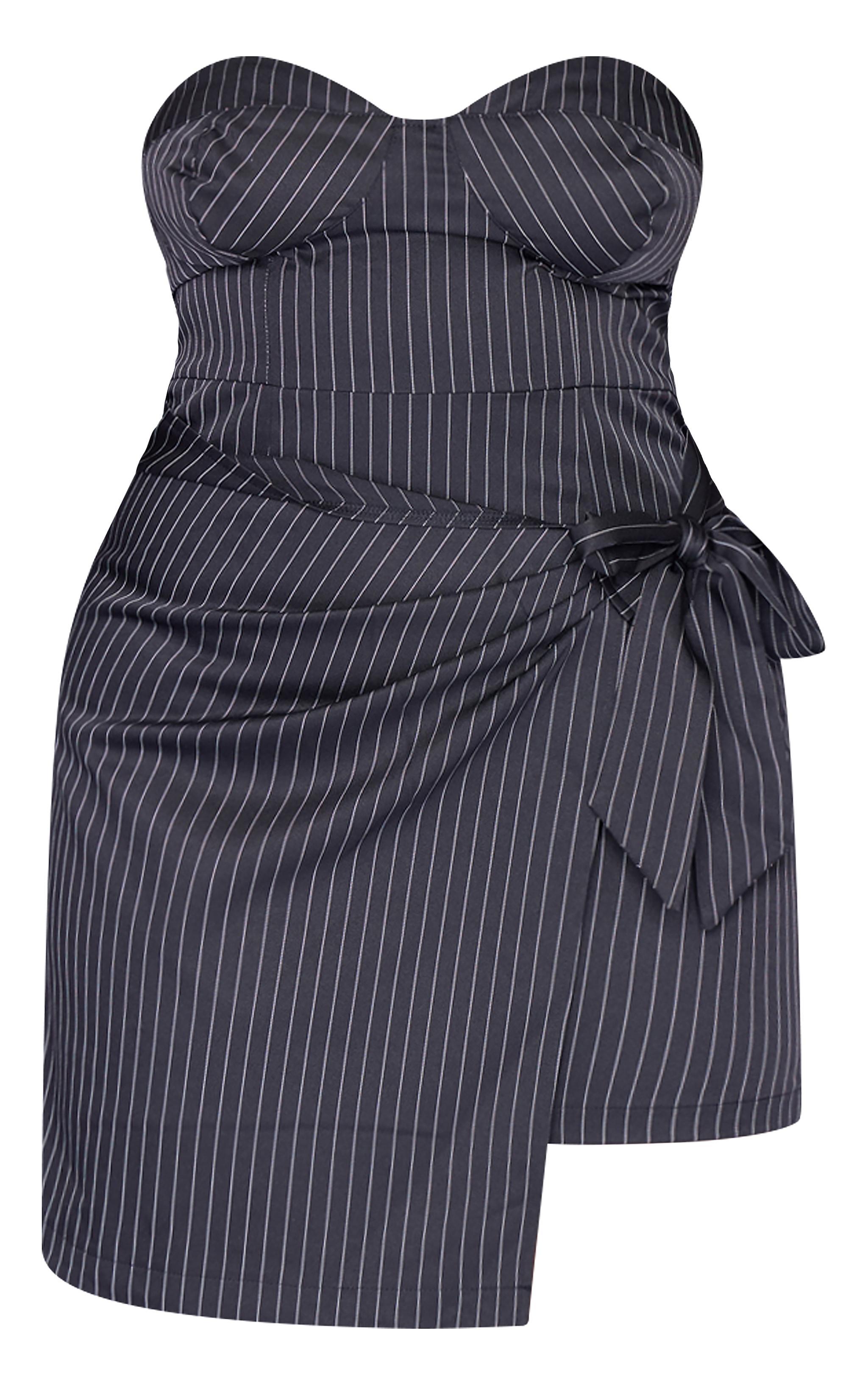 Plus Black Pinstripe Bandeau Knot Detail Mini Dress Product Image