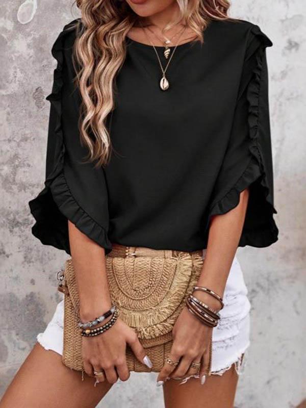 Loose Three-Quarter Sleeves Pleated Ruffled Solid Color Split-Joint Round-Neck Blouses&Shirts Tops Product Image