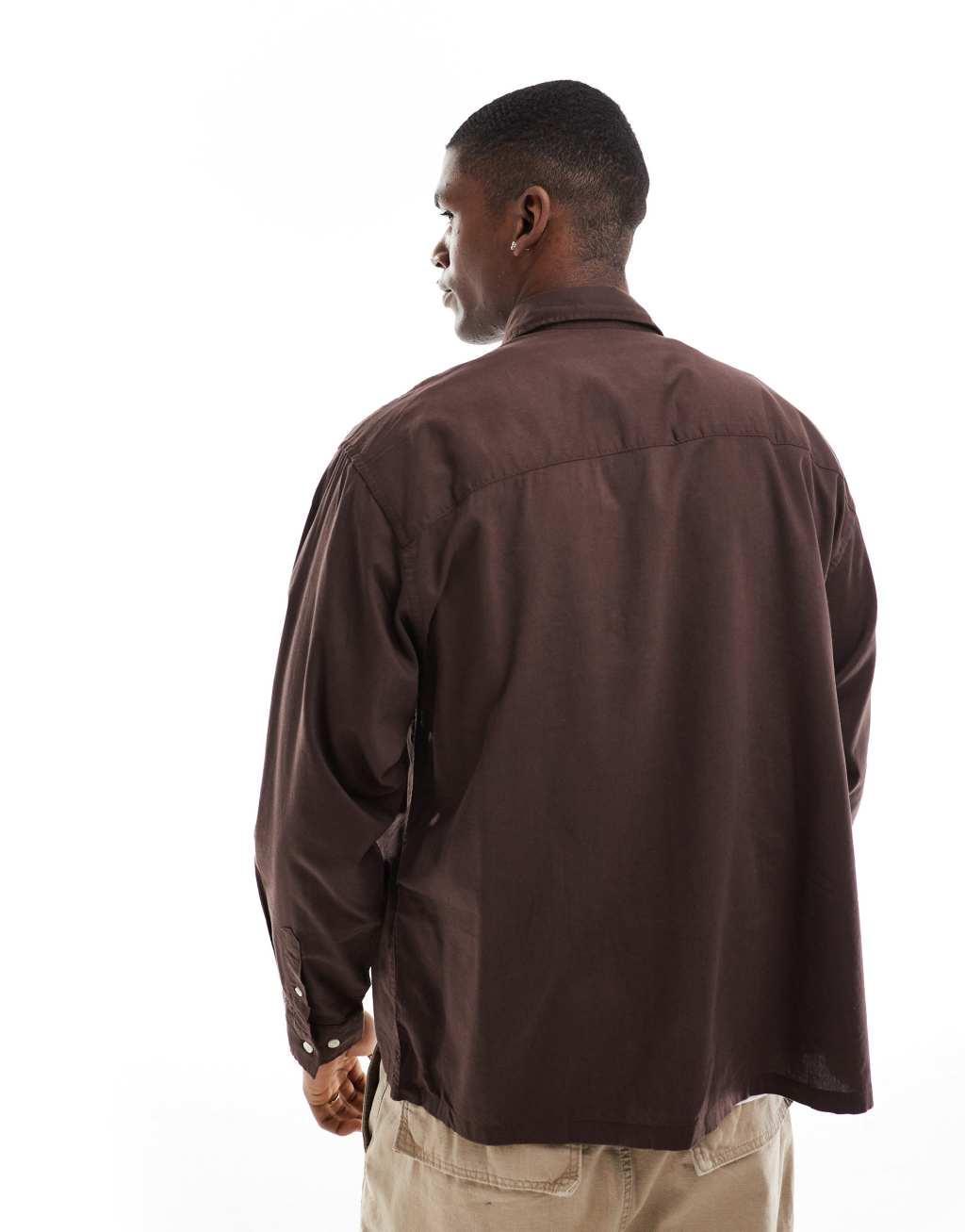 Jack & Jones boxy straight hem shirt in brown Product Image