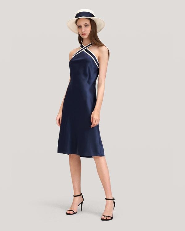 Glossy Camellia Silk Halter-Neck Dress Product Image