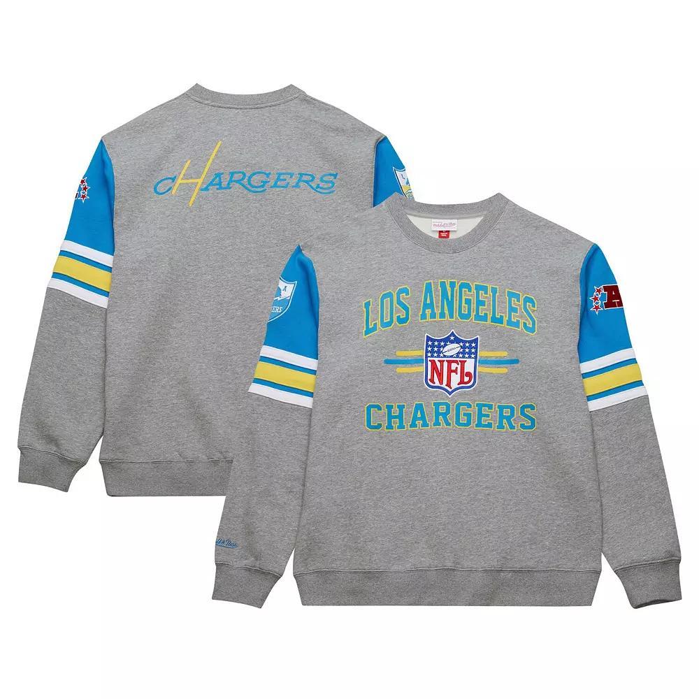 Men's Mitchell & Ness Heather Gray Los Angeles Chargers All Over 4.0 Vintage Logo Pullover Sweatshirt, Size: 2XL, Grey Product Image