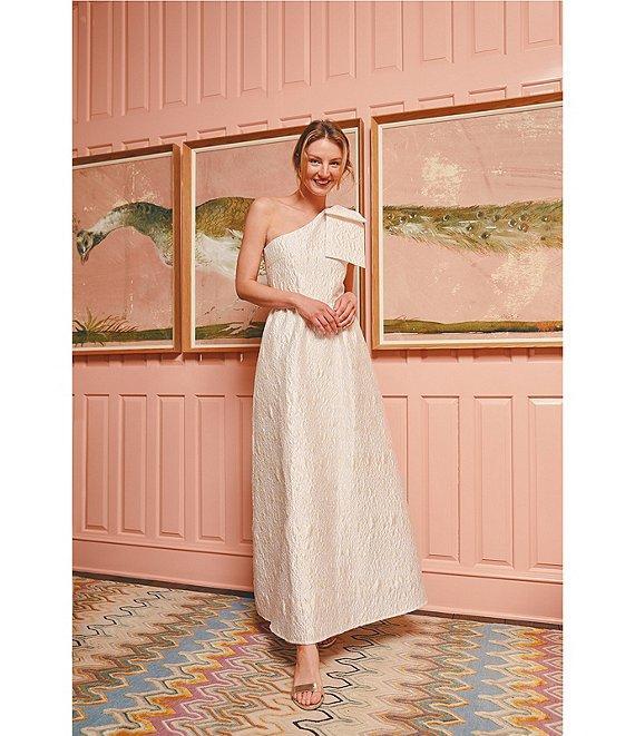 Abbey Glass Caroline Asymmetrical Neck Sleeveless Bow One Shoulder Bow Jacquard Pocketed A-Line Gown Product Image