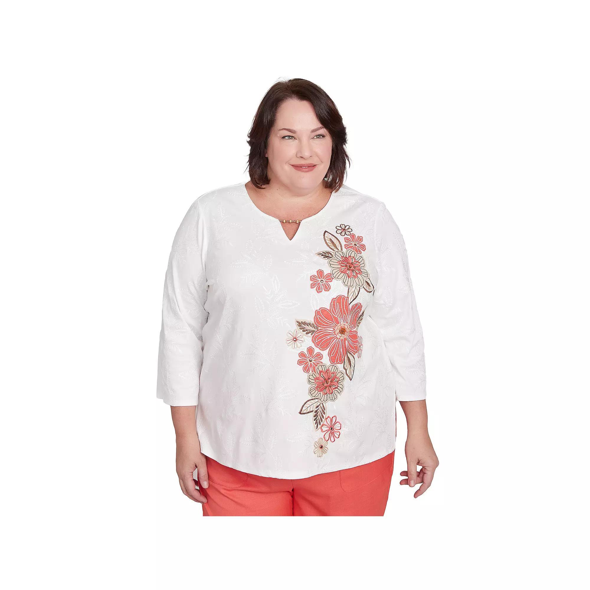 Plus Size Alfred Dunner Romantic Embroidered Floral Top, Women's, Size: 3XL, Ivory Product Image