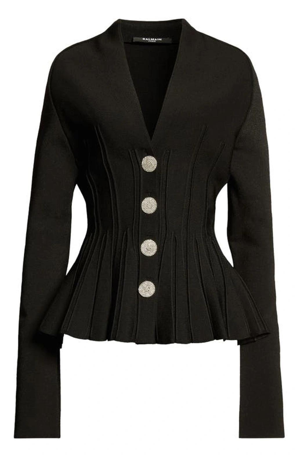 BALMAIN V-neck Ribbed Peplum Basque Cardigan In Black Product Image