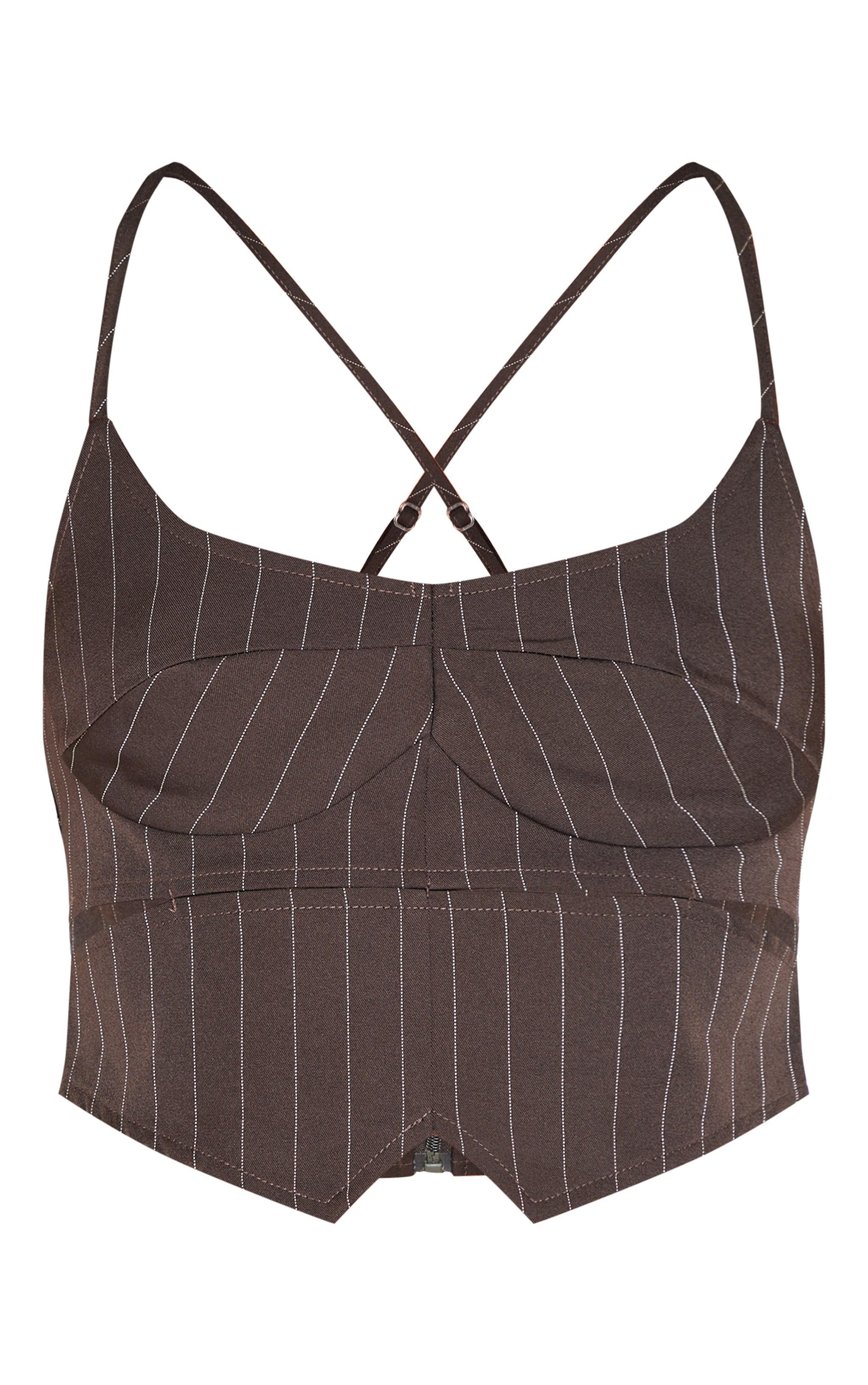  Brown Premium Woven Pinstripe Cross Back Cropped Corset Product Image