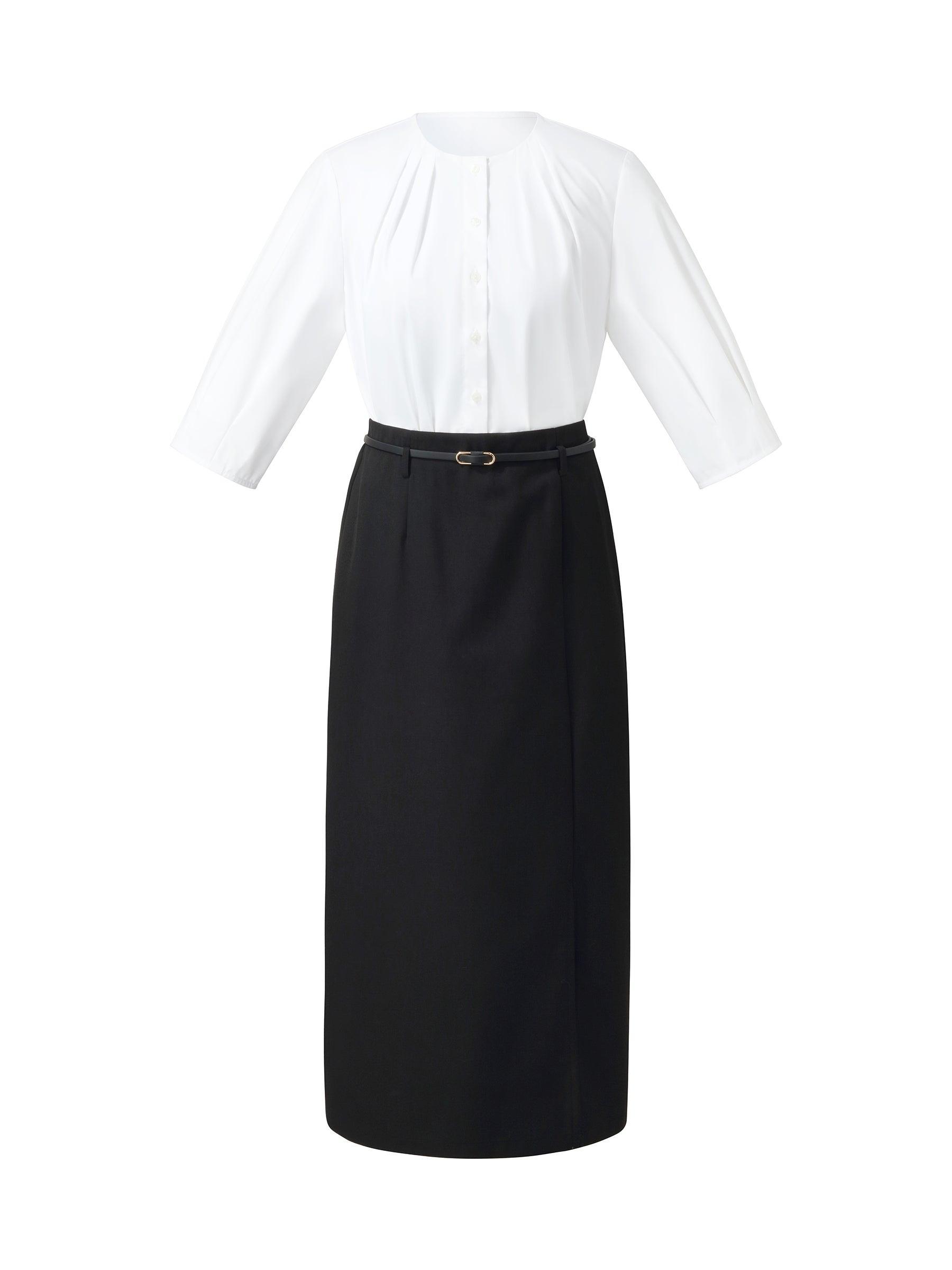 3/4 Sleeve Shirt And Front Slit Skirt Two-Piece Set With Leather Belt Product Image