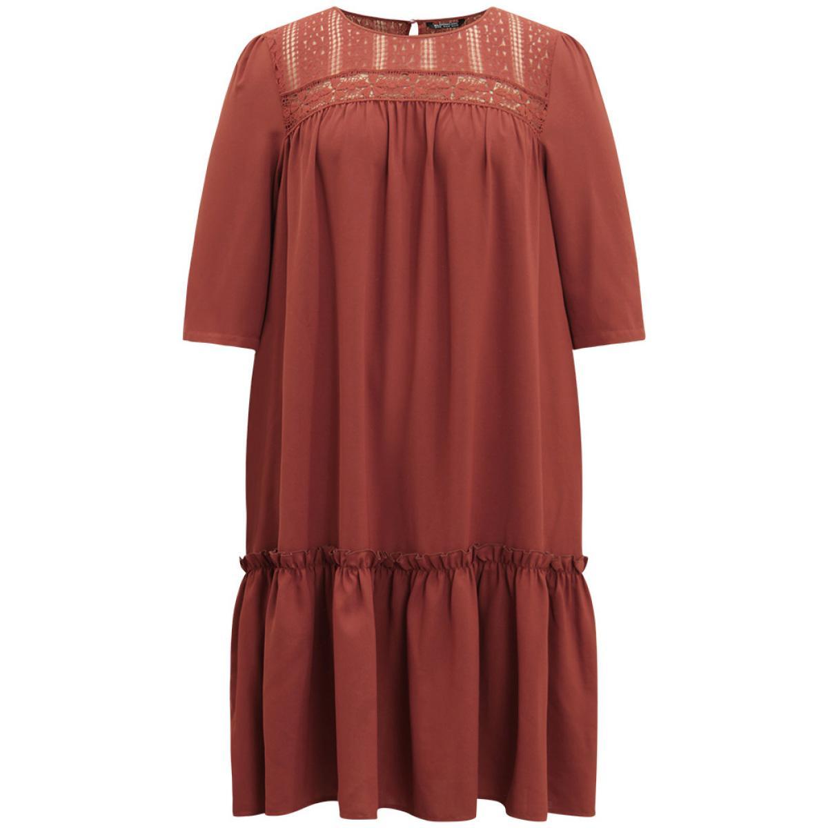 Plus Size Guipure Lace Frill Trim Cut Out Ruffle Hem Dress Russet Women Casual Gathered Round Neck Elbow-length sleeve Curvy Midi Dress BloomChic 28/5X Product Image