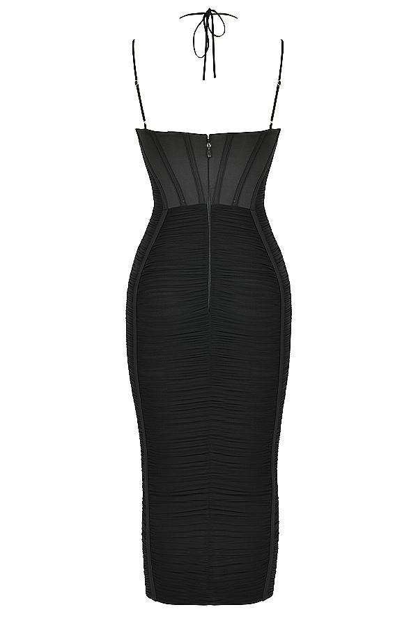 Maya Black Ruched Midi Dress Product Image