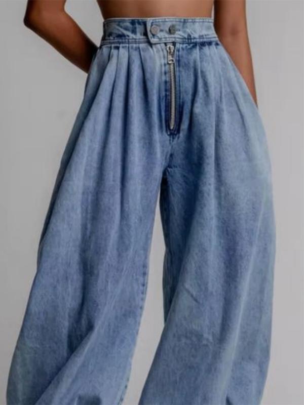 Loose Buttoned Solid Color Zipper Jean Pants Bottoms Knickerbockers Trousers Product Image