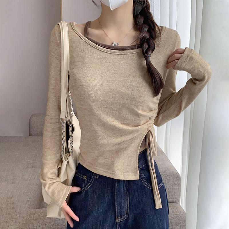 Long-Sleeve Round Neck Plain Drawstring Asymmetrical T-Shirt Product Image