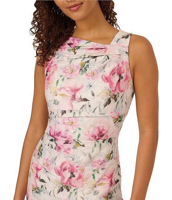 Adrianna Papell Jacquard Floral Print Asymmetrical Neck Sleeveless Sheath Mini Dress Product Image